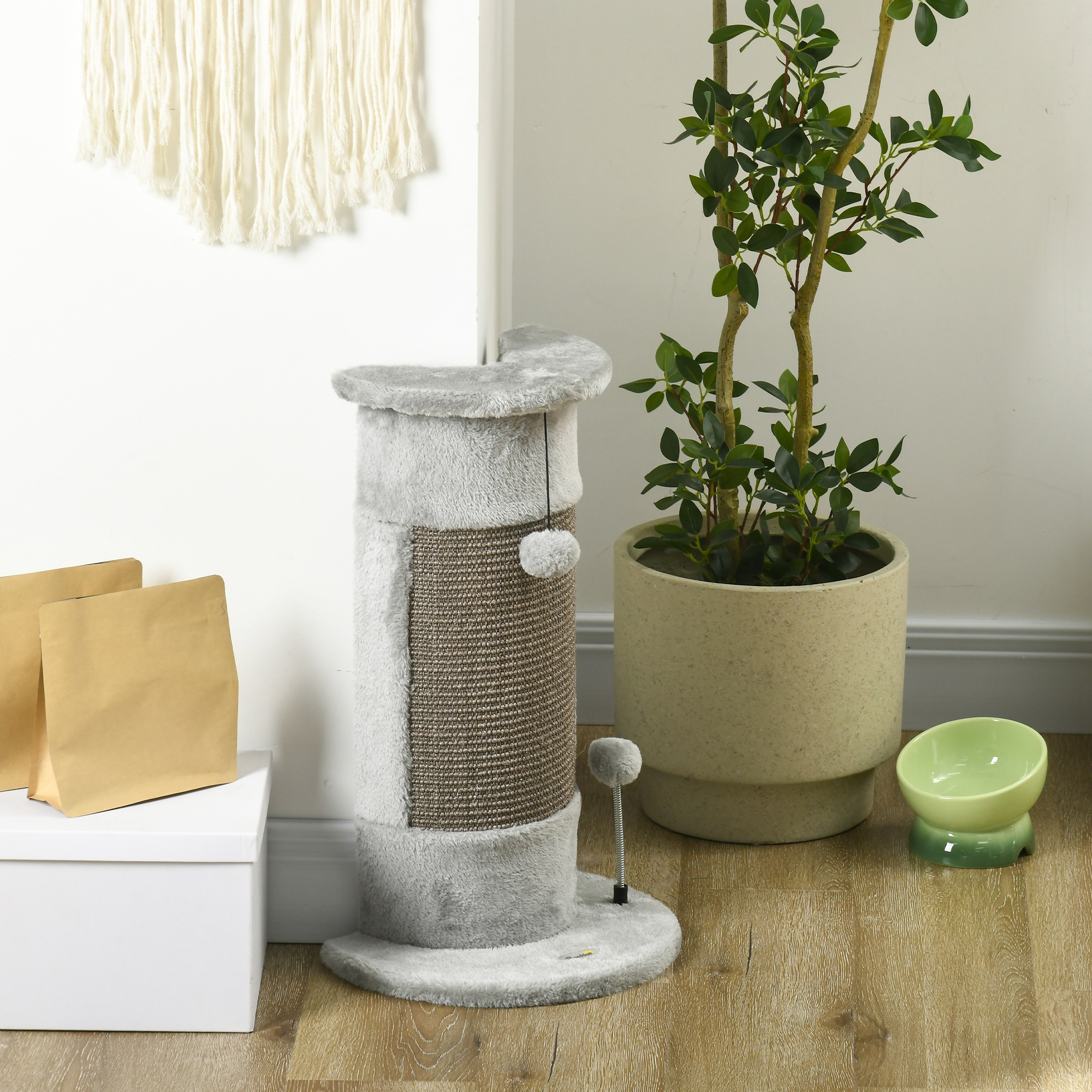 Cat Scratching Post With Sisal Pole And Hanging Toy Balls Grey_voghion.com