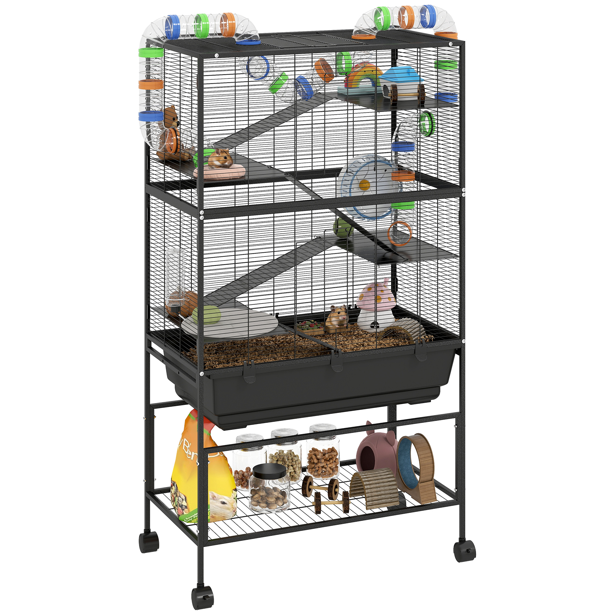 5 Tier Hamster Cage, Rolling Rat Cage with Deep Tray, Storage Shelf, Big Exercise Wheel, Hut, Tube System