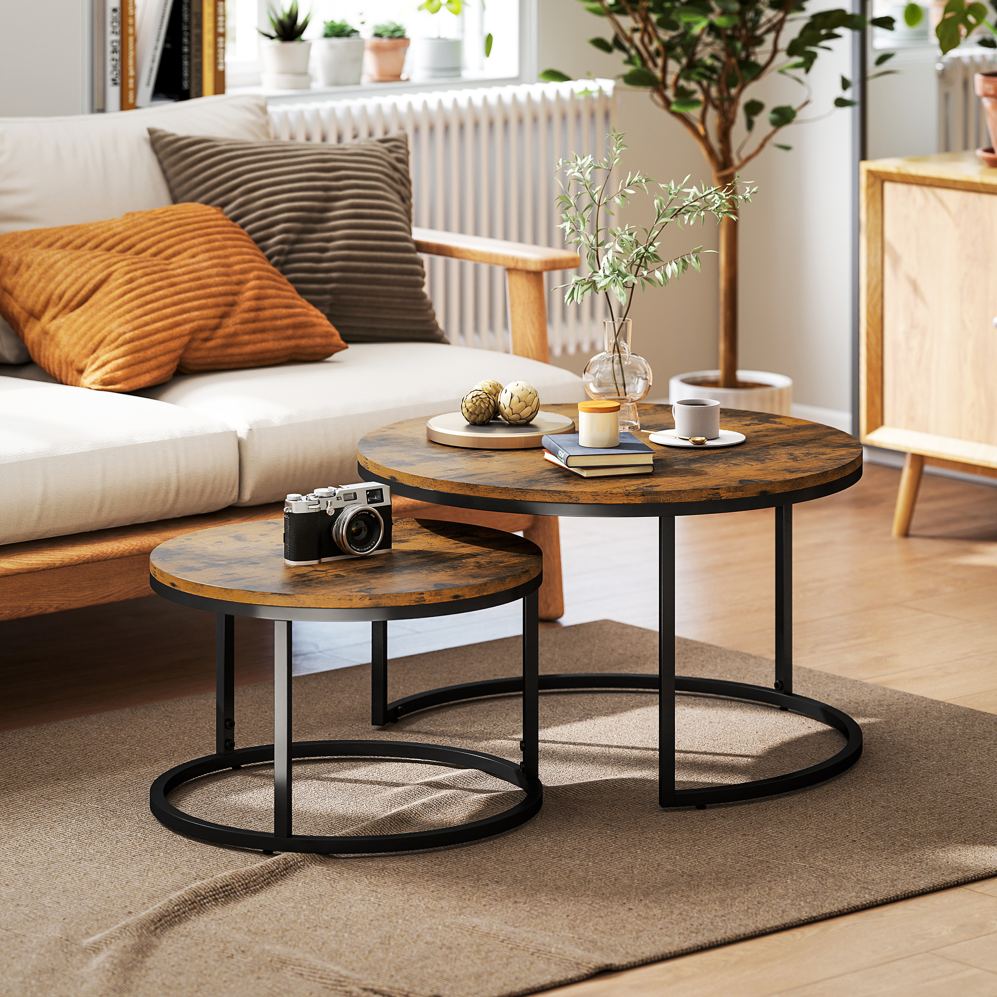 Set Of Two Wood-Effect Stacking Tables - Rustic Brown_voghion.com