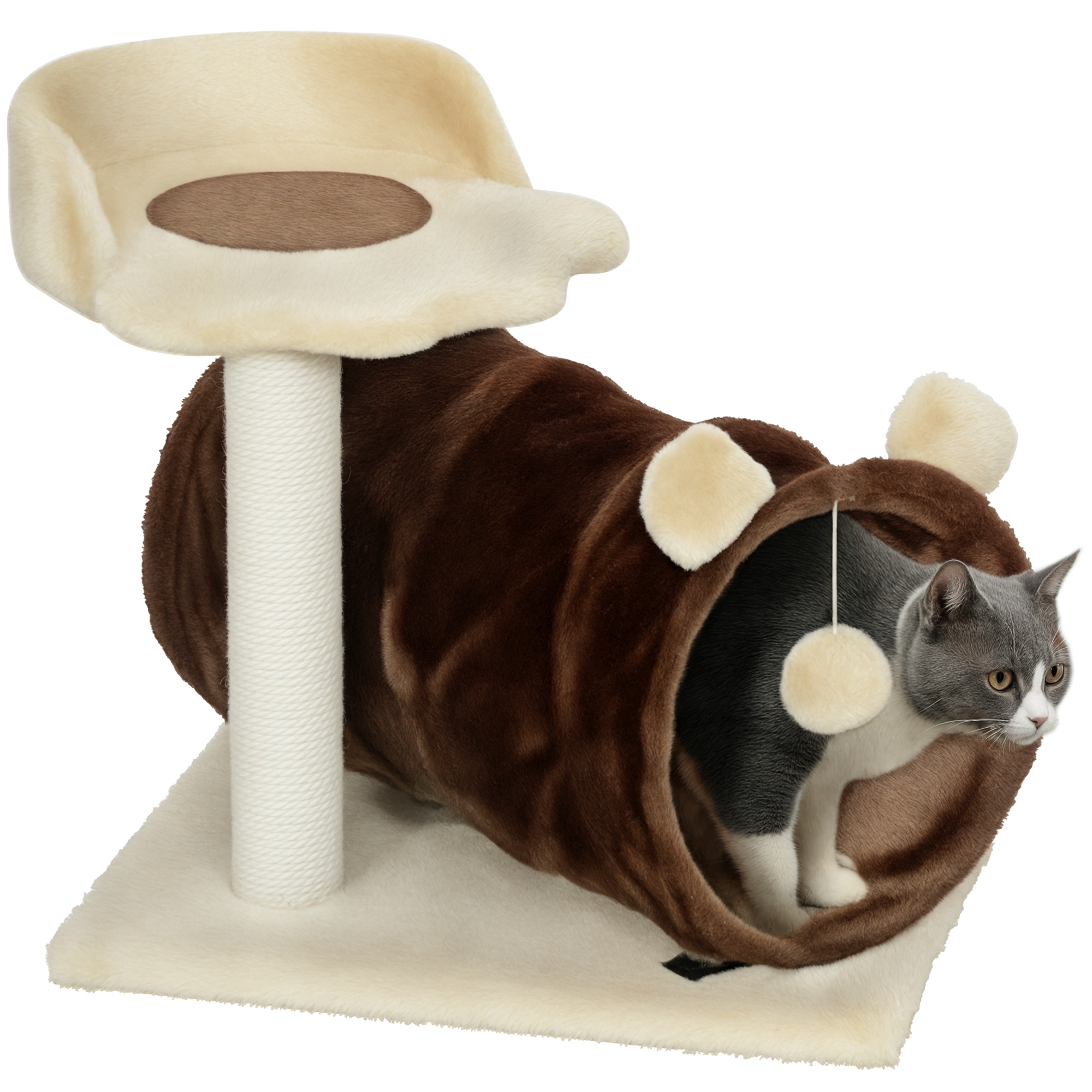 Árbol Rascador Para Gatos Altura 47 Cm Con Túnel Nido Plataformas Bola De Juguete Y Poste De Yute Marrón Oscuro_voghion.com
