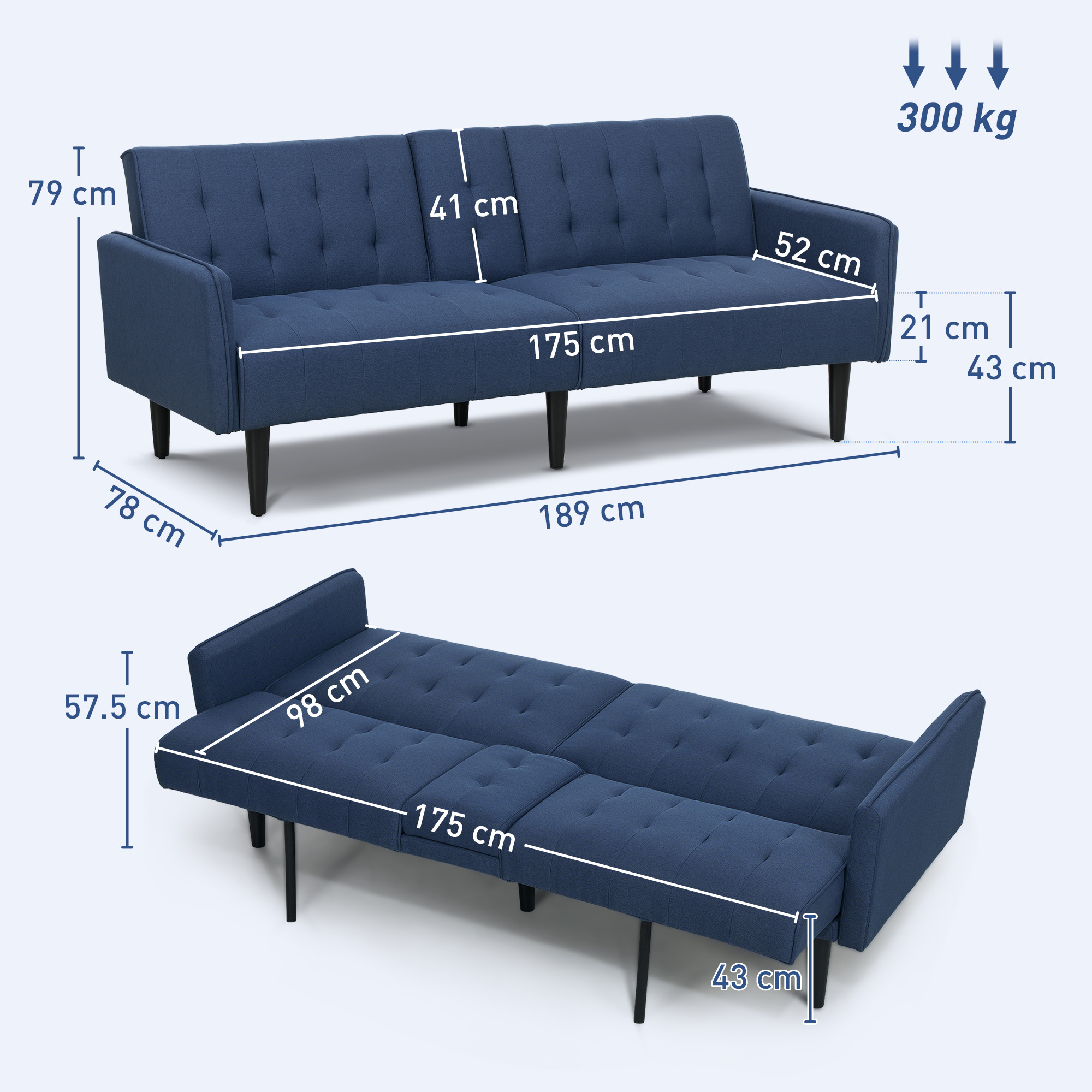 Three-Seater Sofa Bed, With Cupholders - Dark Blue_voghion.com