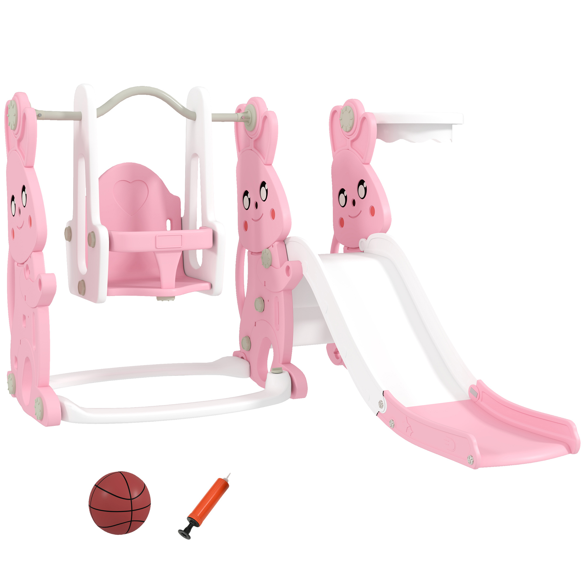 4 in 1 Toddler Slide and Swing Set with Climber, Basketball Hoop, Rabbit Themed Kids Playset for Ages 1.5-4, Pink