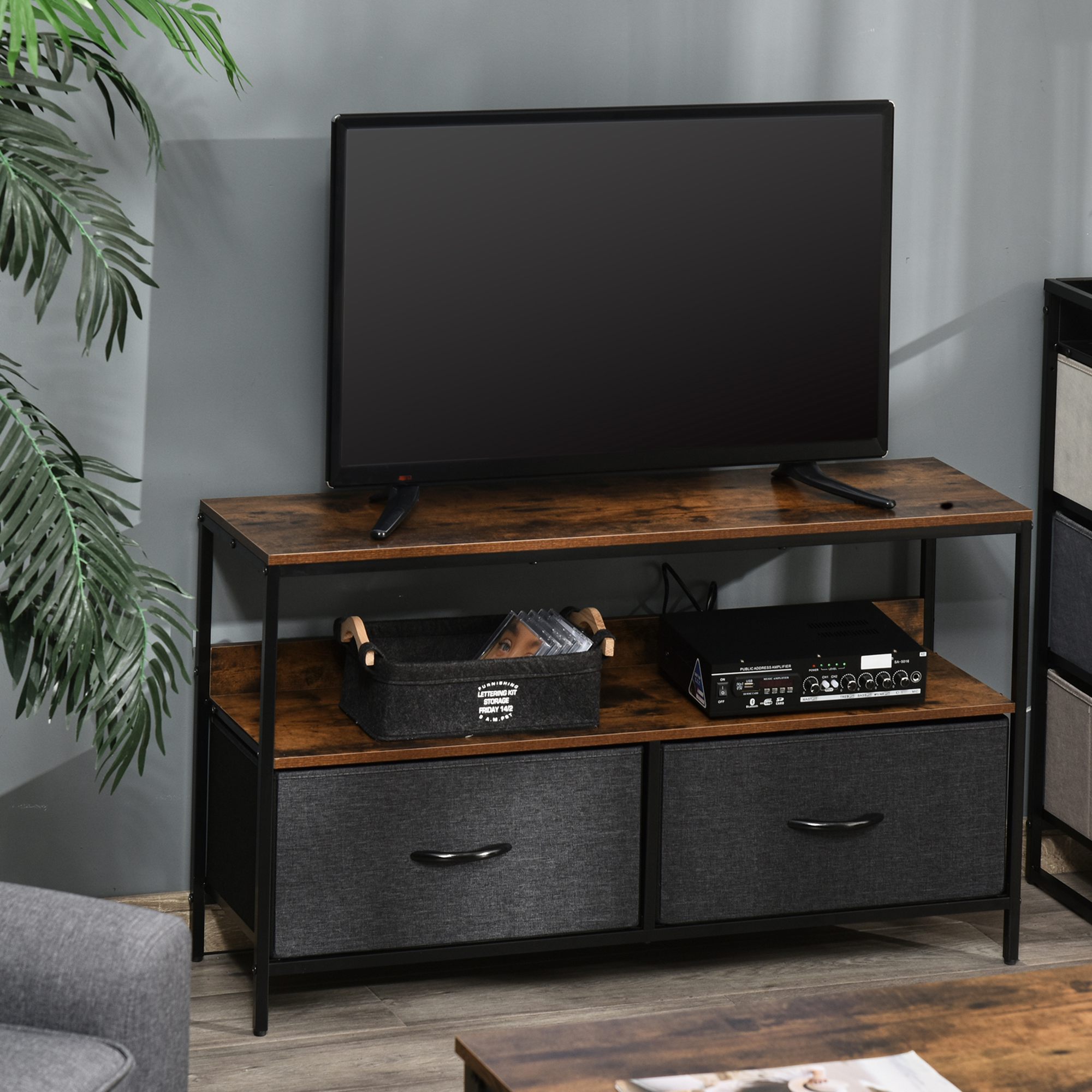 TV Stand Cabinet With 2 Foldable Drawers - Rustic Brown_voghion.com