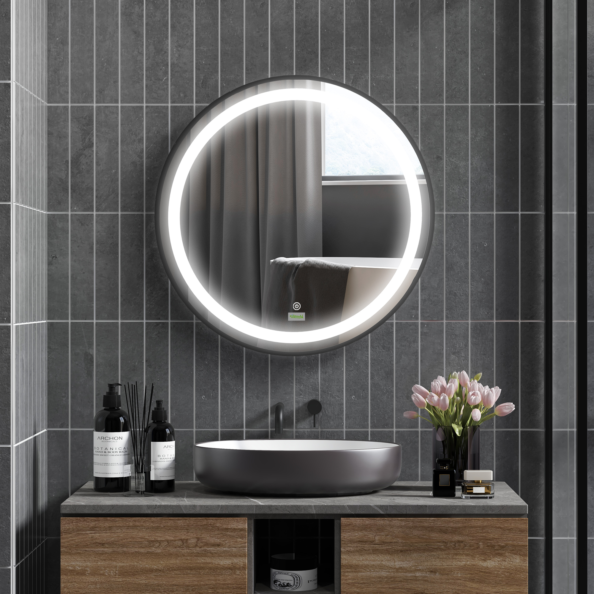 Round LED Bathroom Mirror, Dimmable Lighted Wall-Mounted Mirror With 3 Temperature Colours, Memory Function, Hardwired_voghion.com