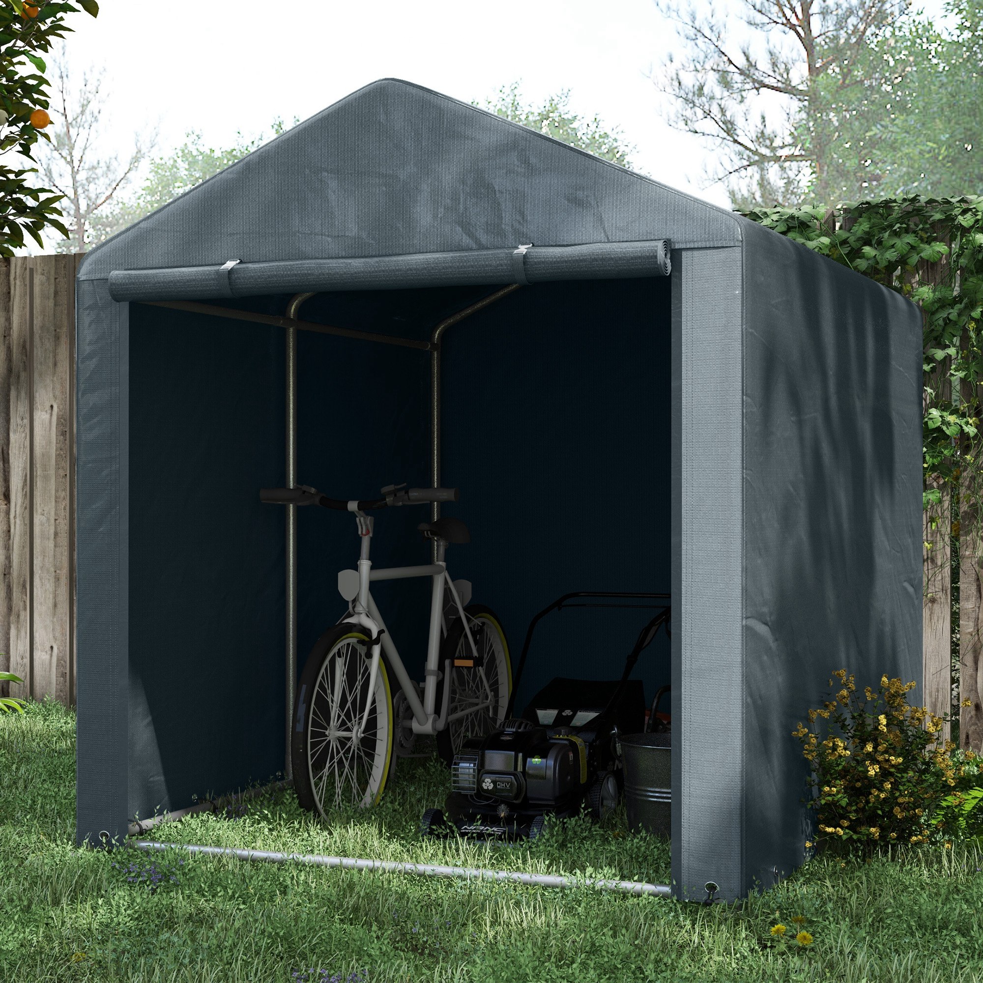 Tente de rangement extérieure gris foncé avec porte zip ouverte et vélos à l'intérieur