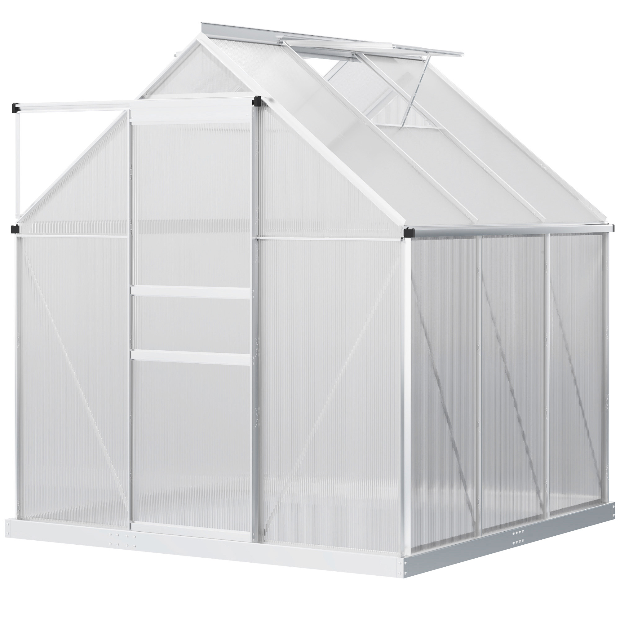  6' x 6' x 6.5' Polycarbonate Greenhouse with Aluminum Frame, Walk-in Heavy Duty Green House with Adjustable Roof Vent, Rain Gutter and Sliding Door for Winter, Silver