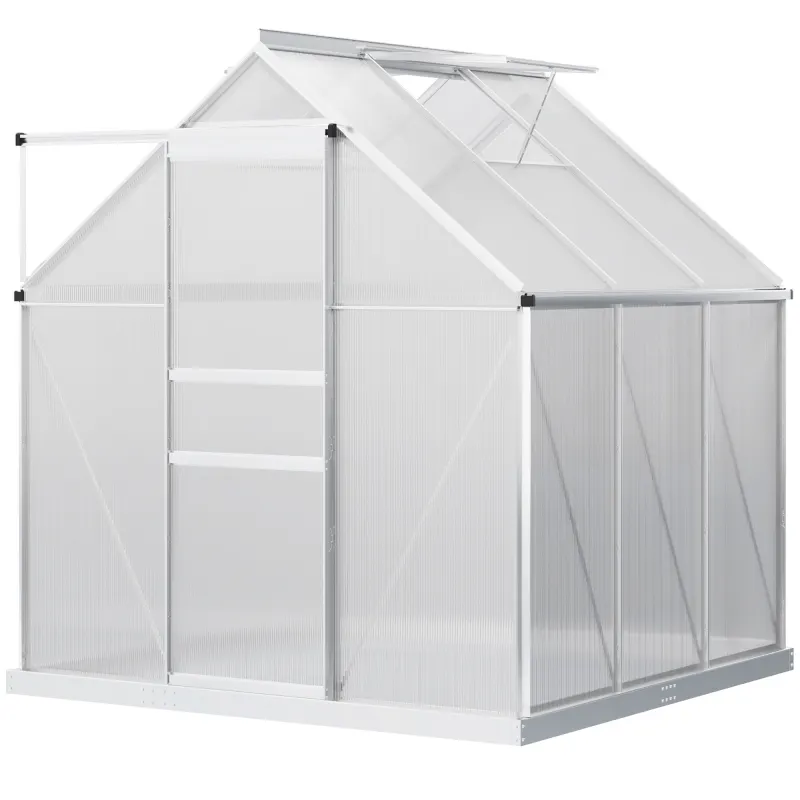  6' x 6' x 6.5' Polycarbonate Greenhouse with Aluminum Frame, Walk-in Heavy Duty Green House with Adjustable Roof Vent, Rain Gutter and Sliding Door for Winter, Silver