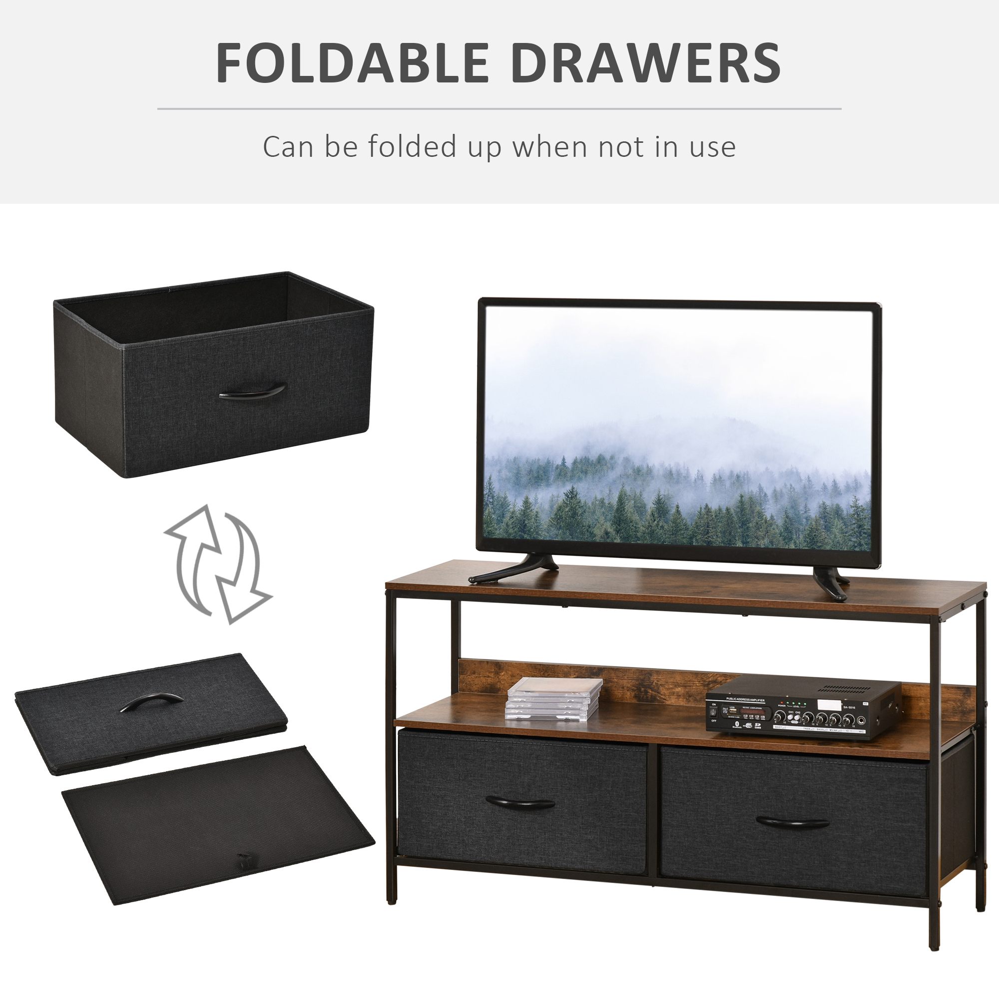 TV Stand Cabinet With 2 Foldable Drawers - Rustic Brown_voghion.com