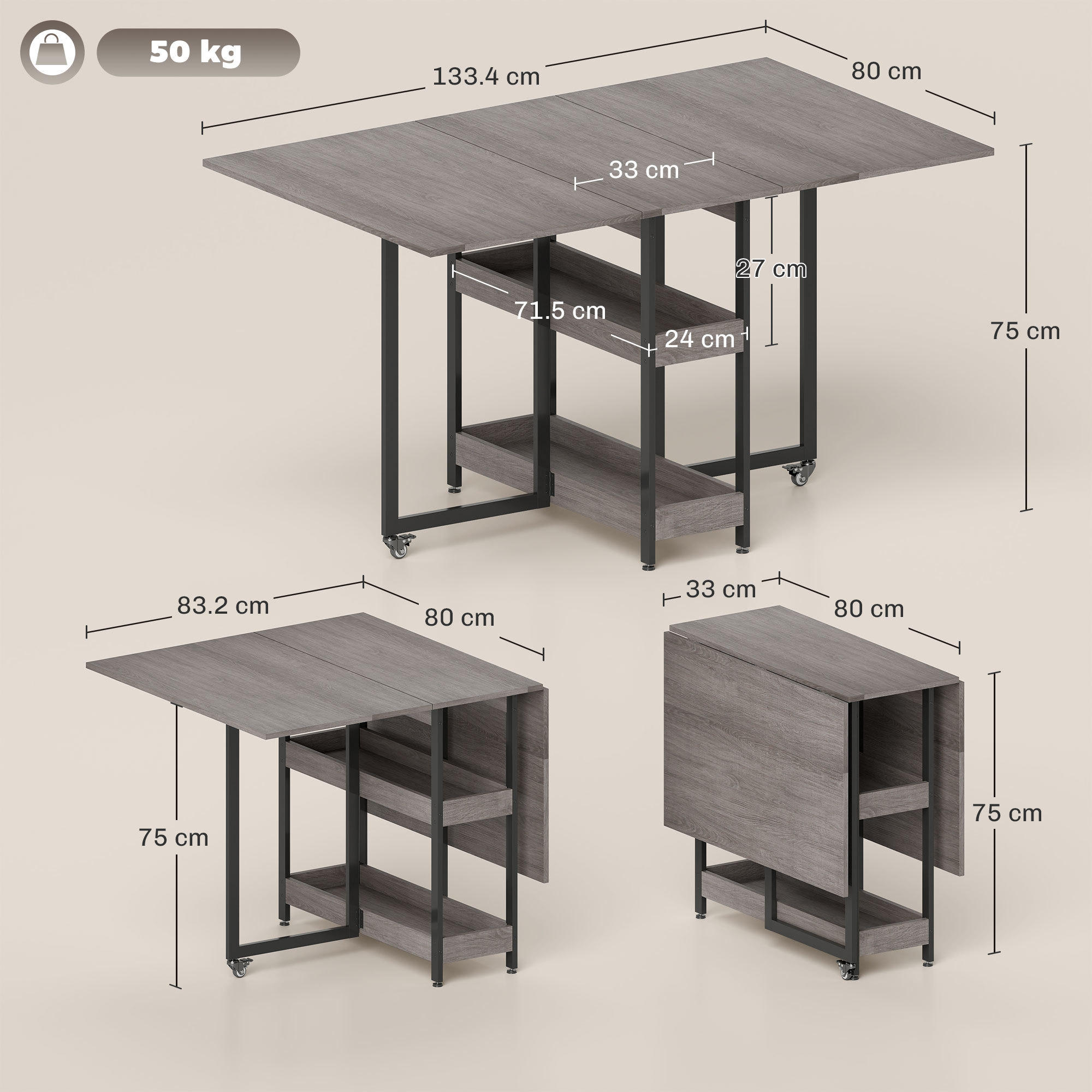 Mesa plegable de 4 plazas con efecto madera gris - descripción general
