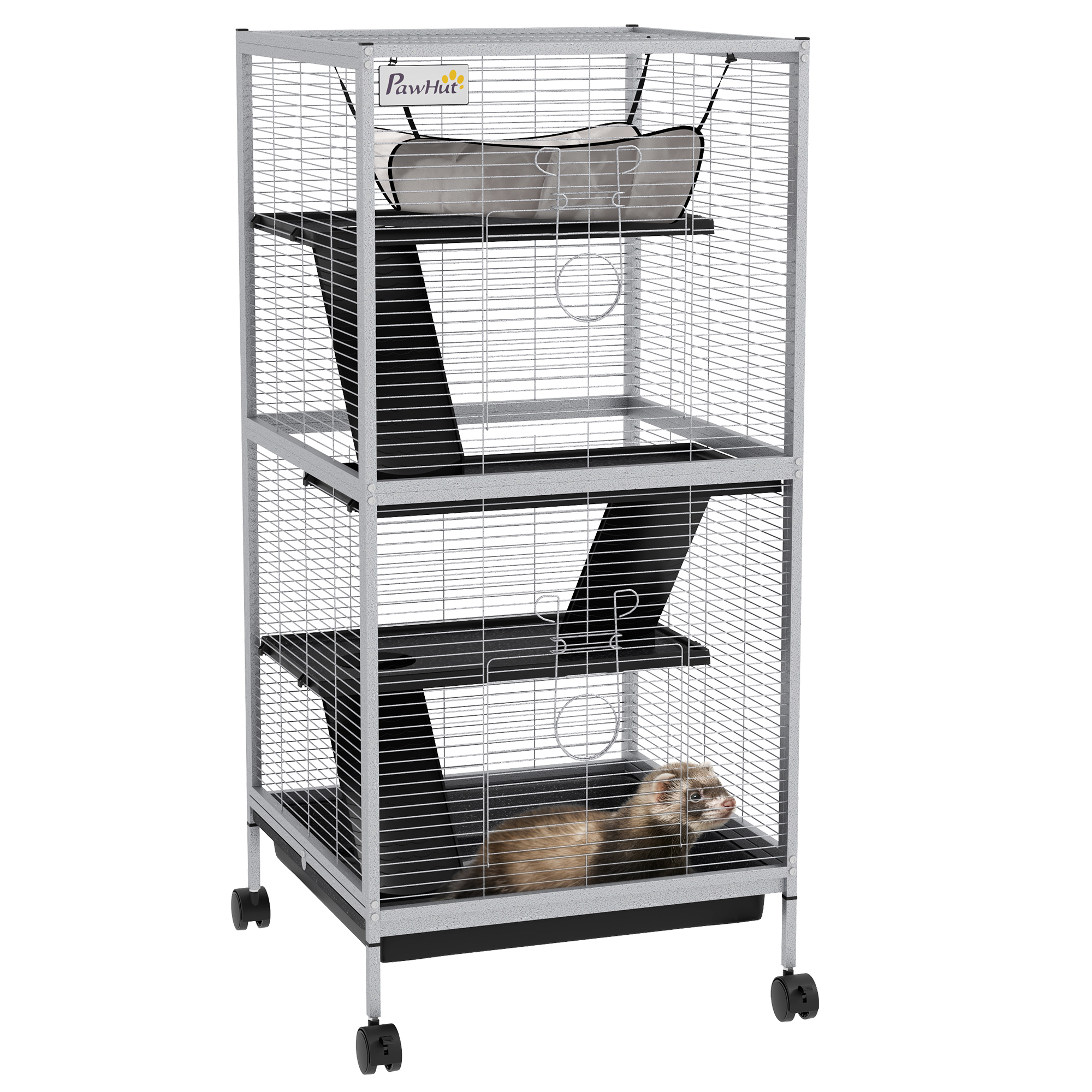45" H Rolling Small Animal Cage with Hammock, Ferret Cage, Chinchilla Cage, Pet Habitat with 6 Doors, Removable Tray
