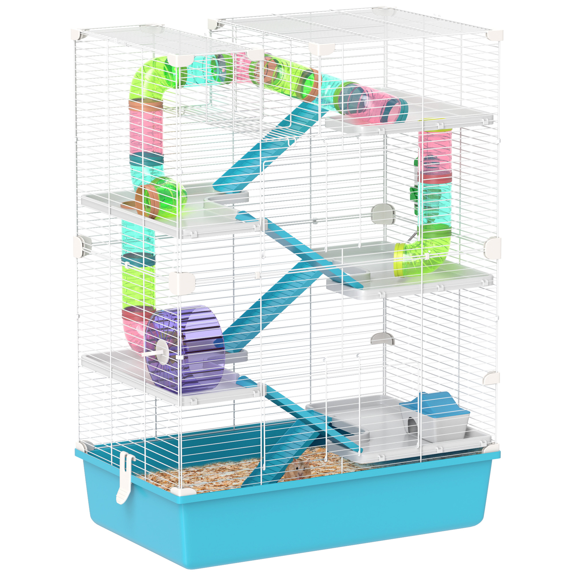 6 Tier Hamster Cage with Tubes and Tunnels, Hut, Wheel, Food Dish, Water Bottle, Ramps, for Dwarf & Gerbil, Light Blue