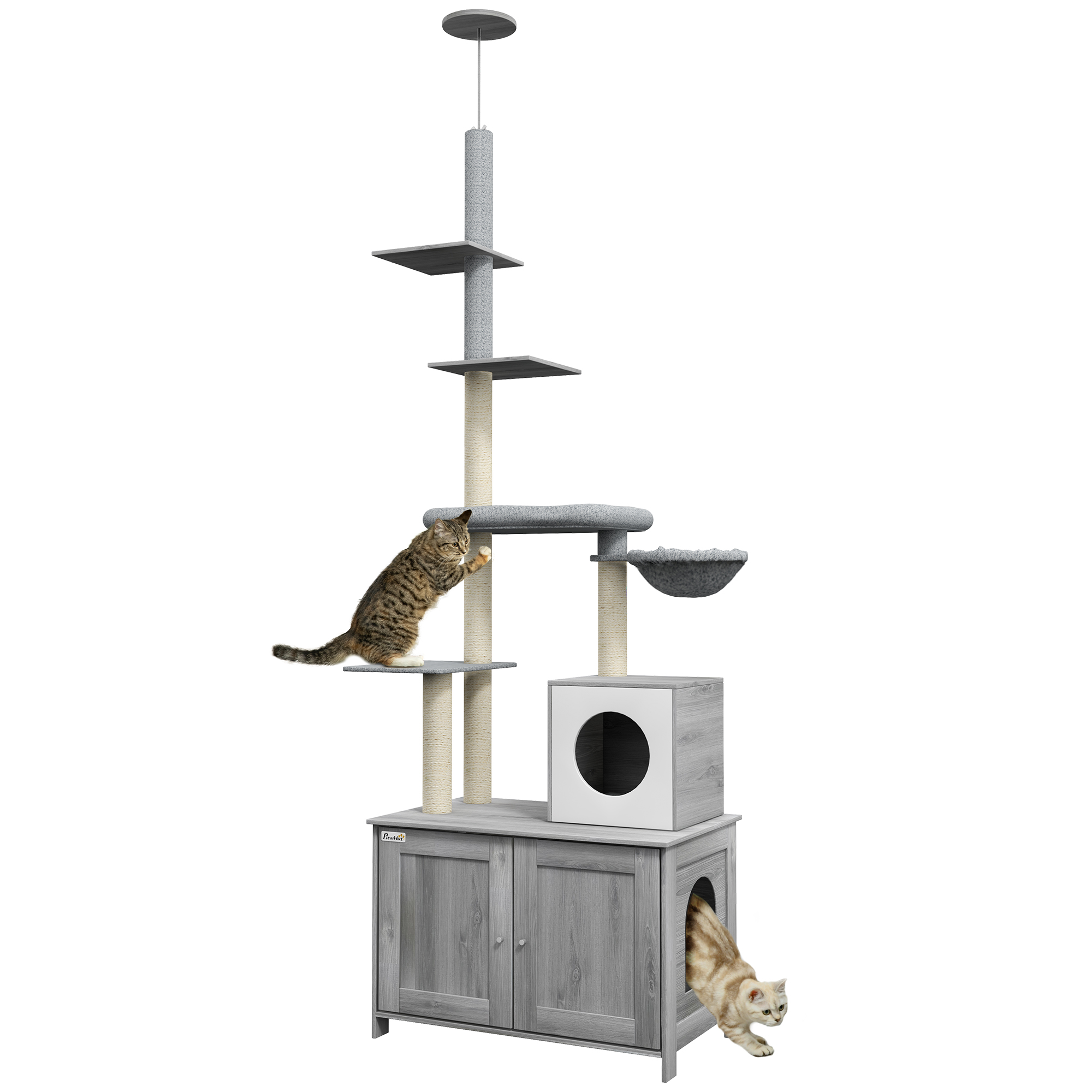 2 in 1 Floor to Ceiling Cat Tree with Litter Box Enclosure, Condo, Bed, Hammock, Scratching Posts, and Platforms, Gray