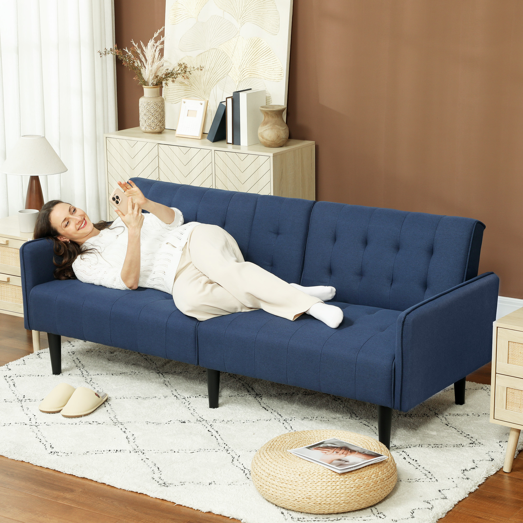 Three-Seater Sofa Bed, With Cupholders - Dark Blue_voghion.com