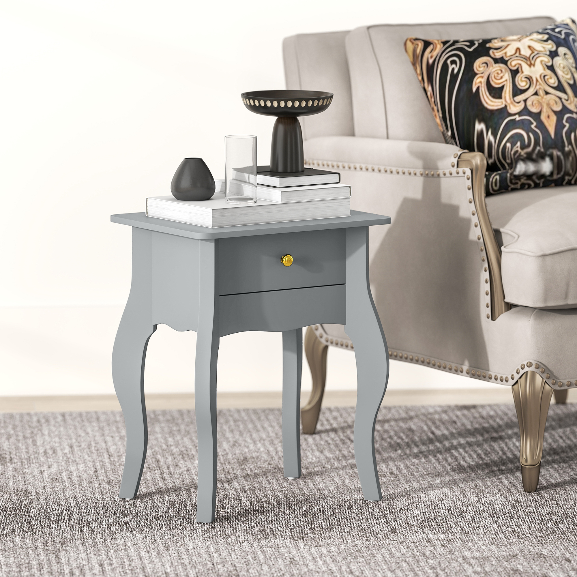 French Style Side Table With Drawer - Grey_voghion.com