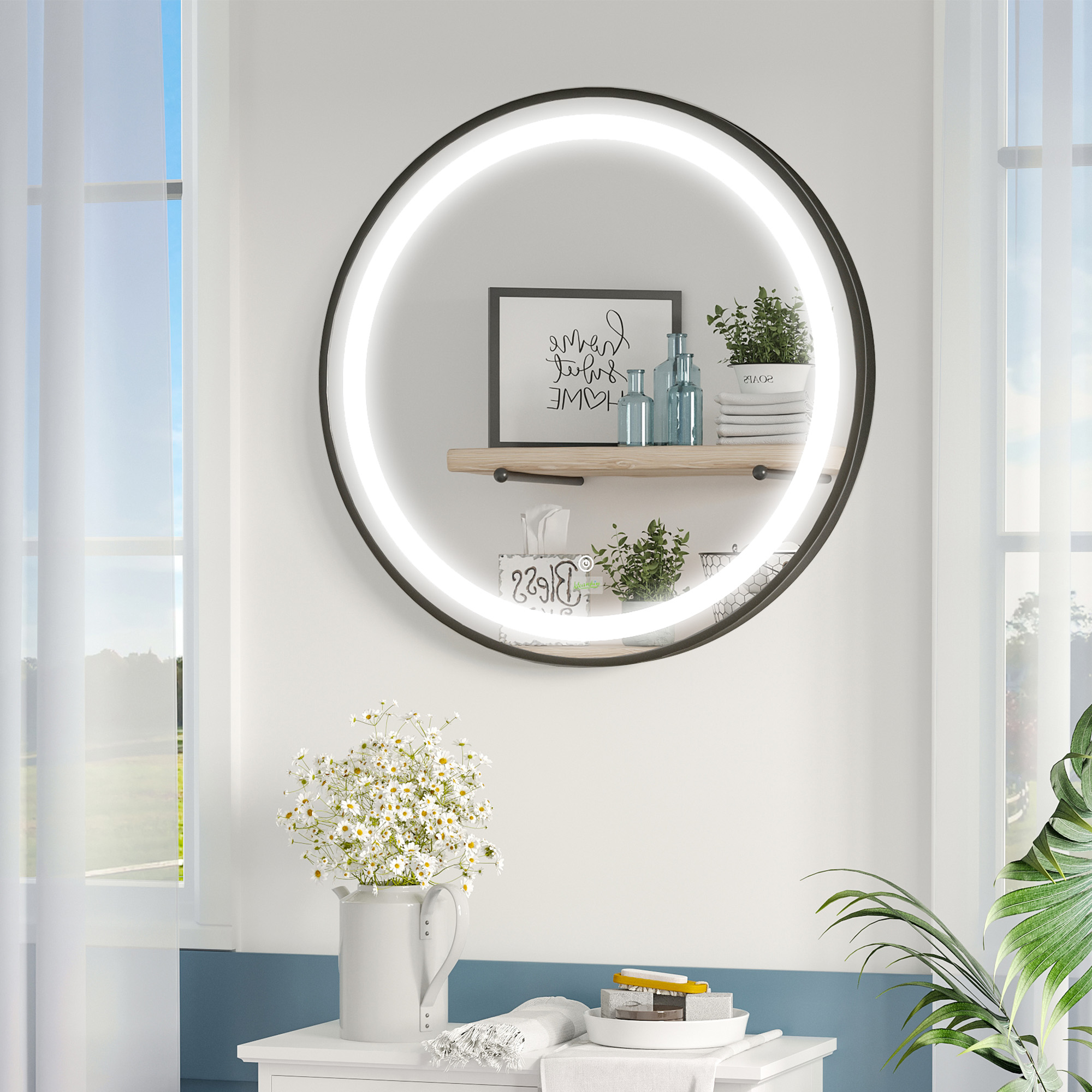 Round LED Bathroom Mirror, Dimmable Lighted Wall-Mounted Mirror With 3 Temperature Colours, Memory Function, Hardwired_voghion.com