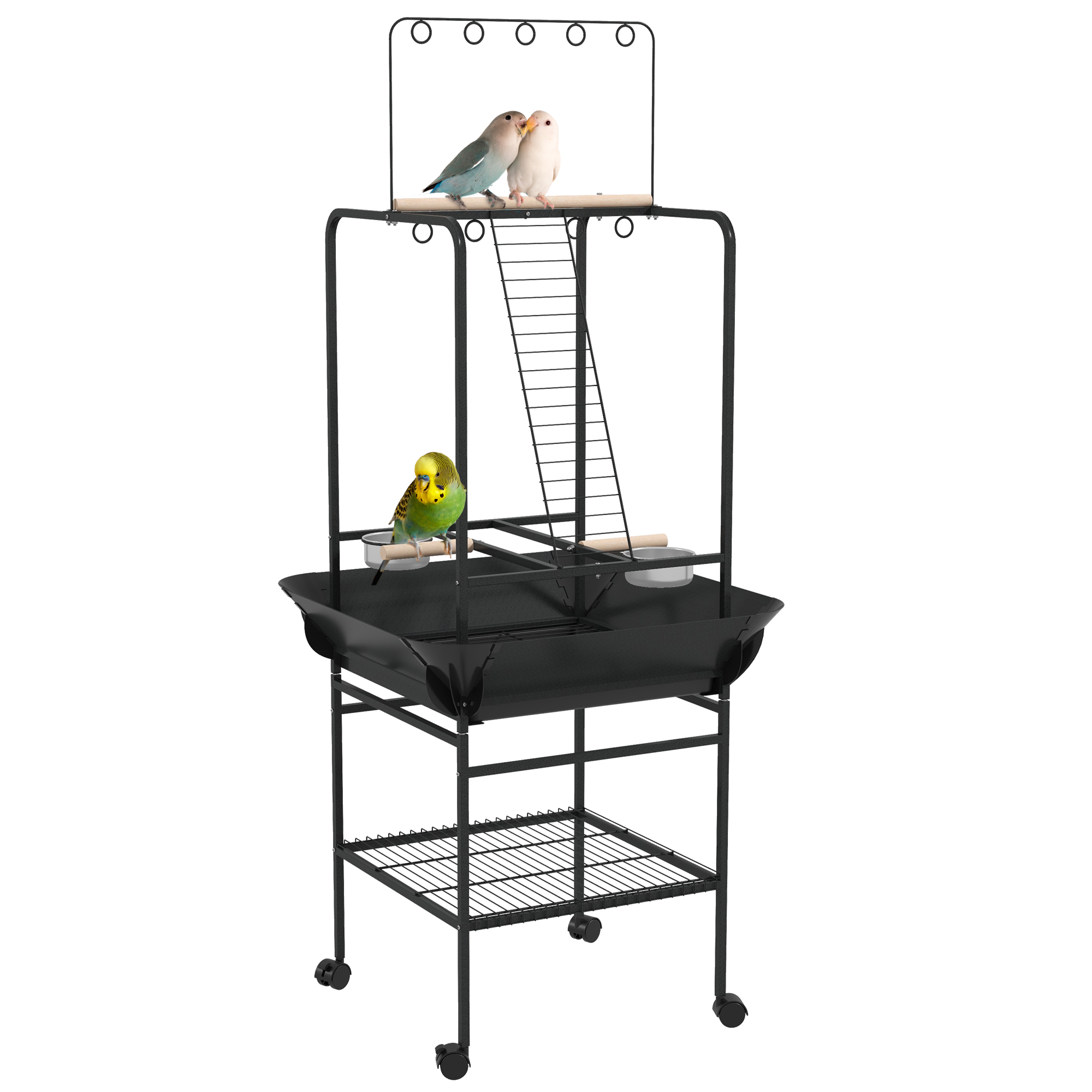Bird Stand with Wheels, Perches, Stainless Steel Feed Bowls, Pull-Out Tray for Indoor Outdoor Small Parrot, Dark Gray