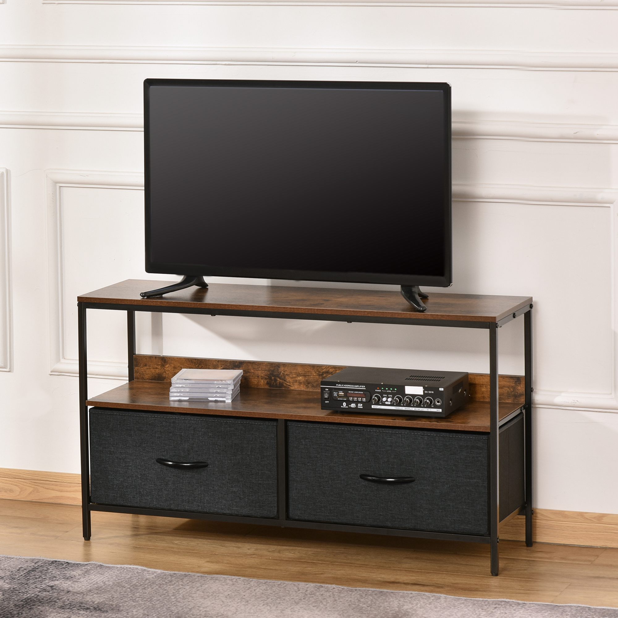 TV Stand Cabinet With 2 Foldable Drawers - Rustic Brown_voghion.com