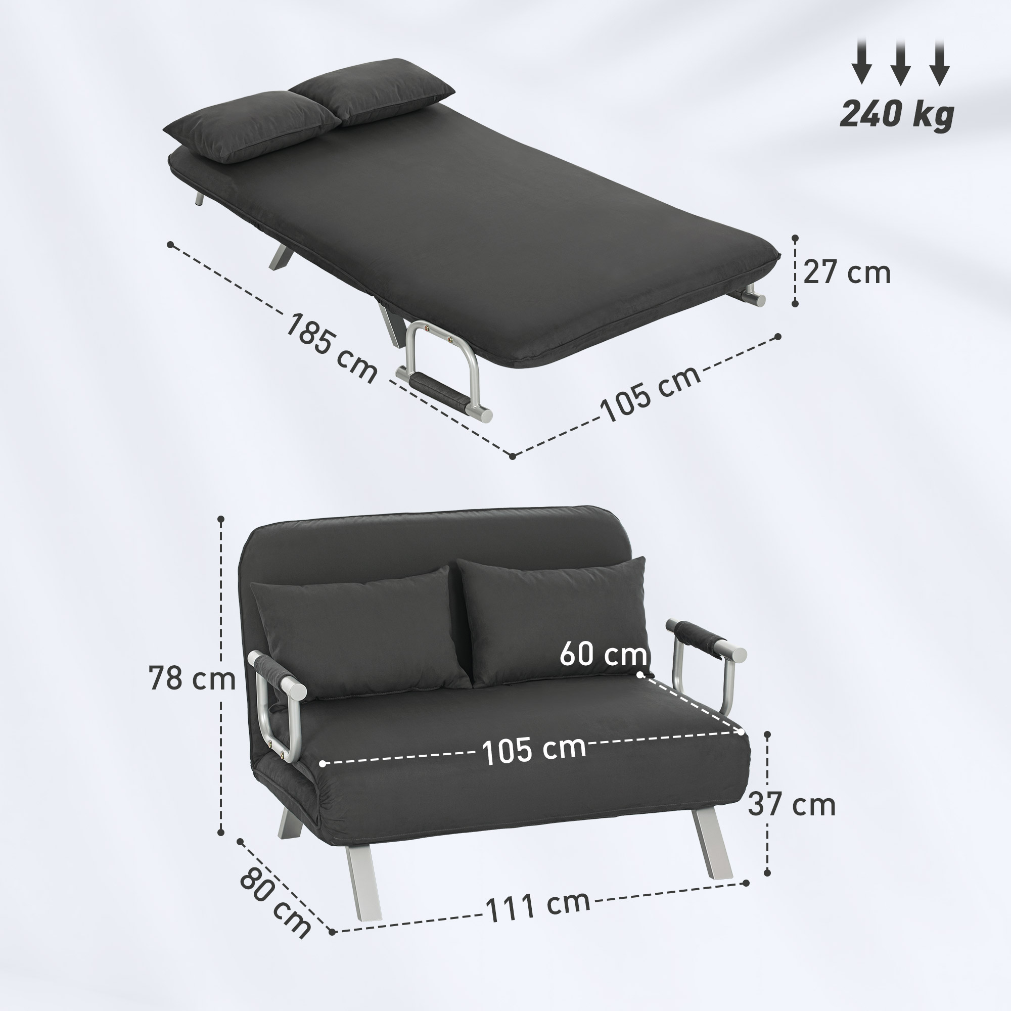 Two-Seater Click-Clack Sofa Bed - Charcoal Grey_voghion.com