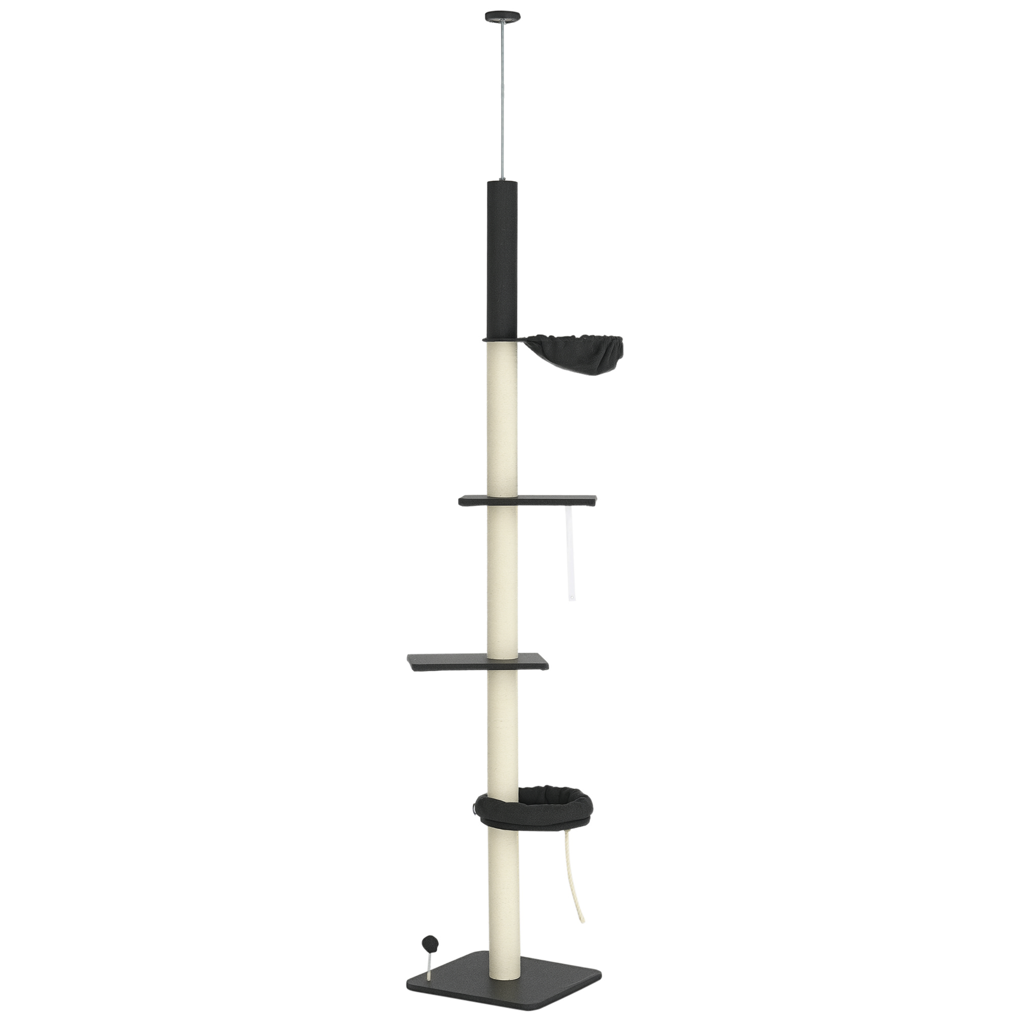 Floor To Ceiling Cat Tree, 5-Tier Cat Climbing Tower, 95''-106'' Height Adjustable with Carpeted Platforms, Cozy Bed, Hammock, Scratching Post & Toy Ball for Indoor Cats, Dark Gray and Cream