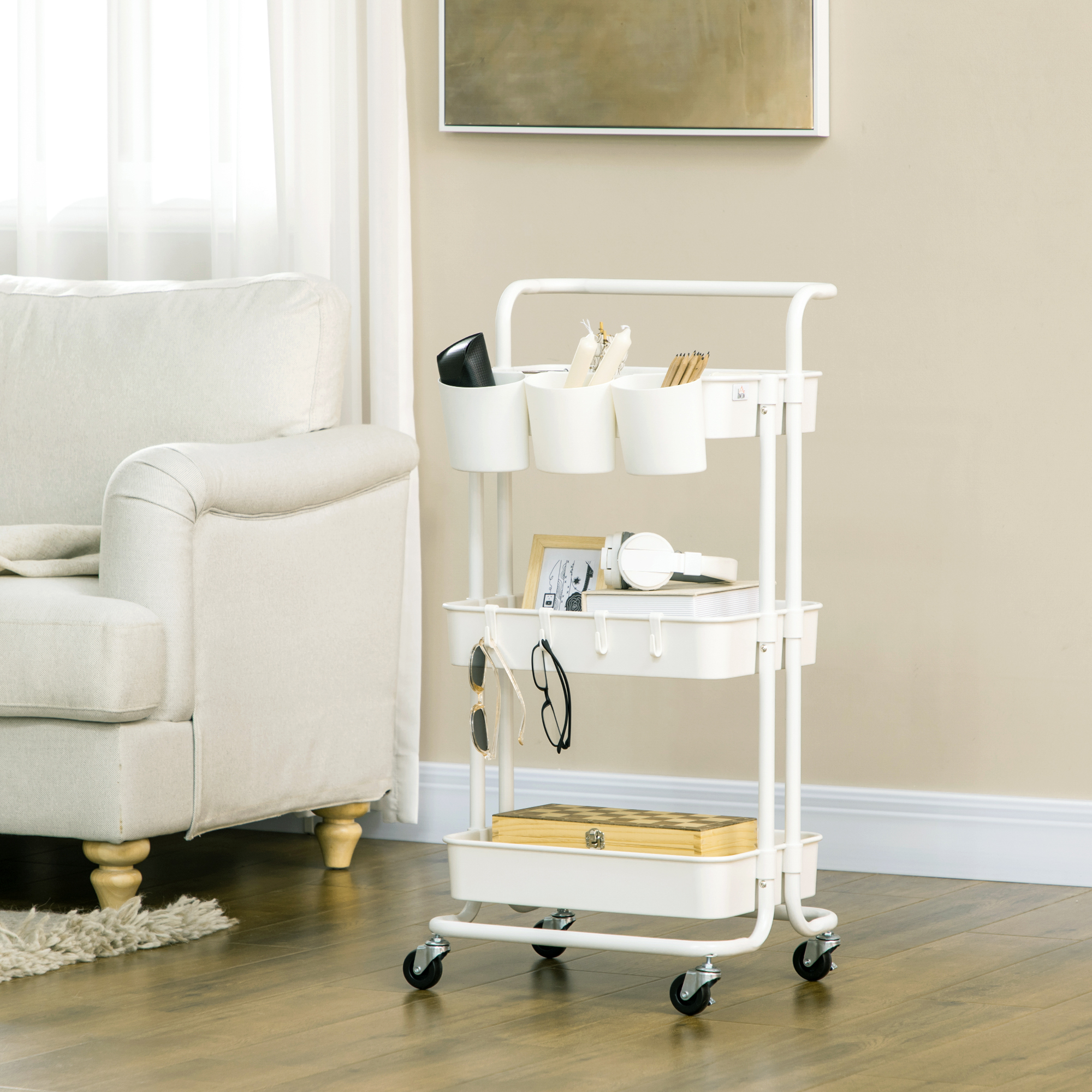 Rolling Storage Trolley With Hooks And Hanging Bins White_voghion.com