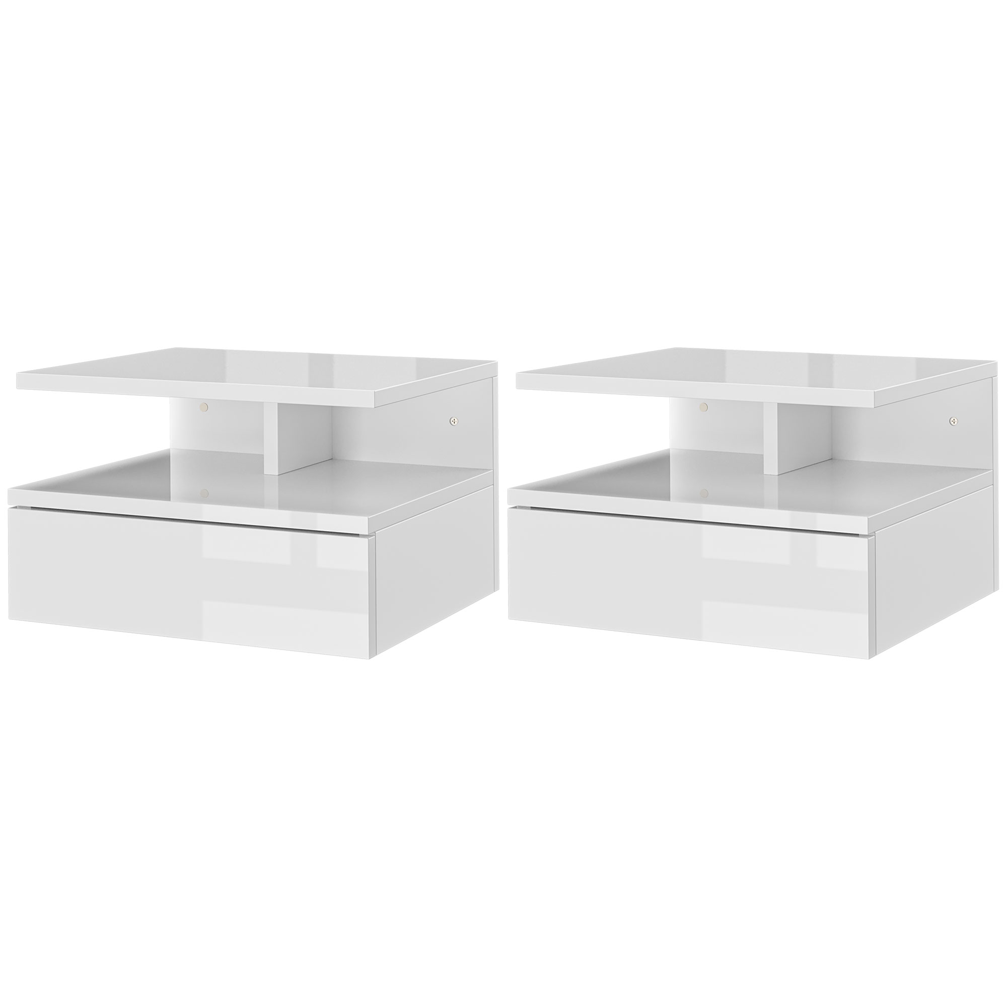 Lot de 2 tables de chevet murales blanc brillant – vue d'ensemble