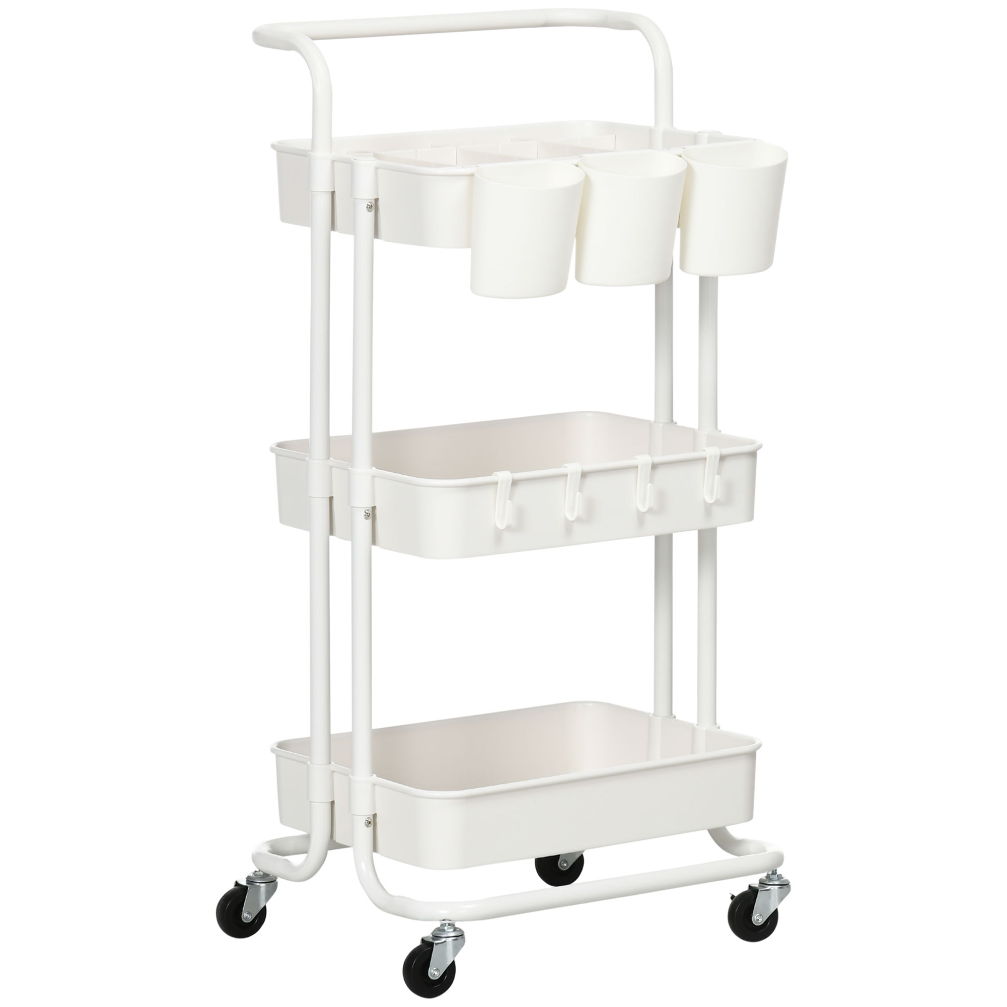 Rolling Storage Trolley With Hooks And Hanging Bins White_voghion.com