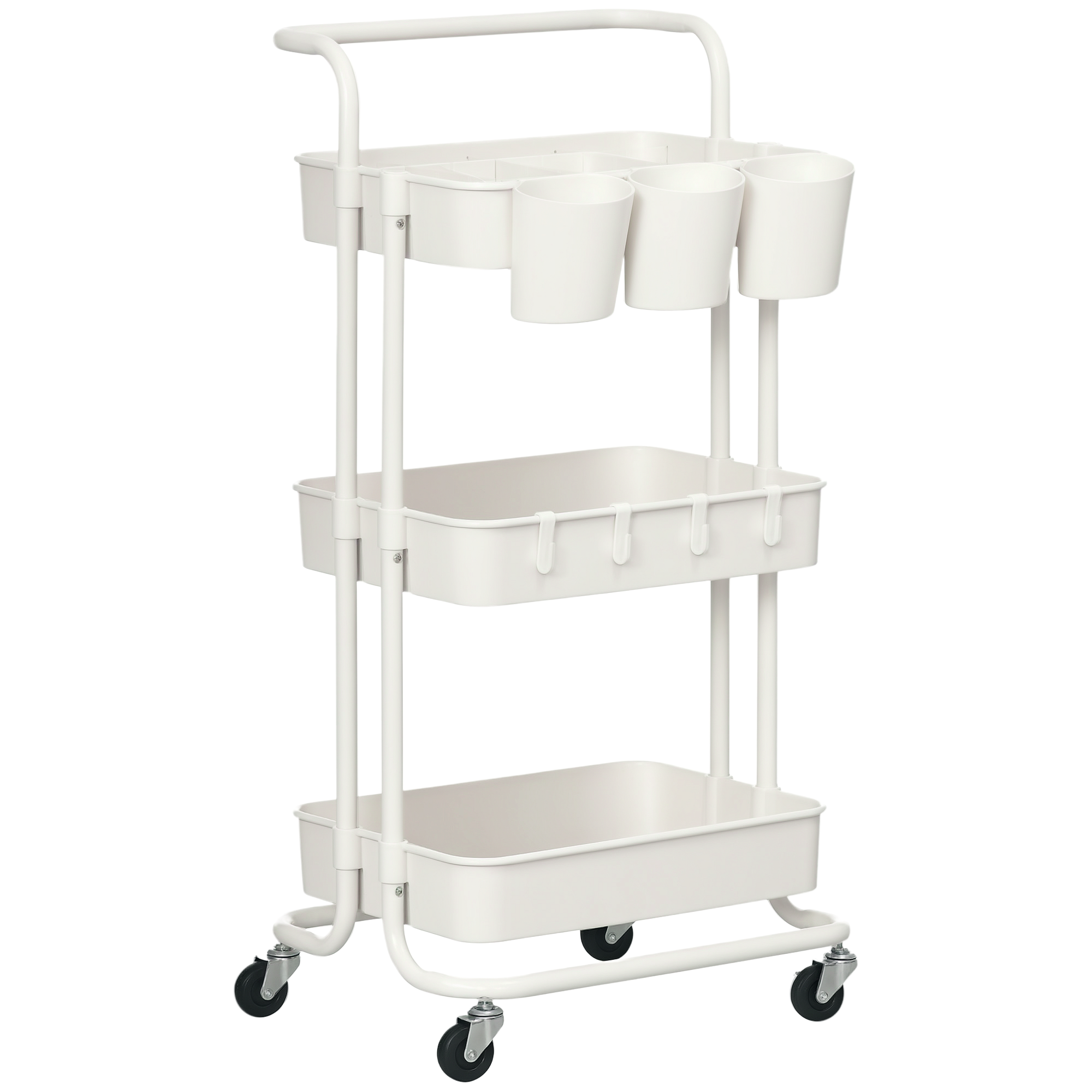 Carrito Auxiliar Con Ruedas Carro De Almacenaje Multifuncional Con Ganchos Y Cajas Colgantes 42x38x86,5 Cm Blanco_voghion.com
