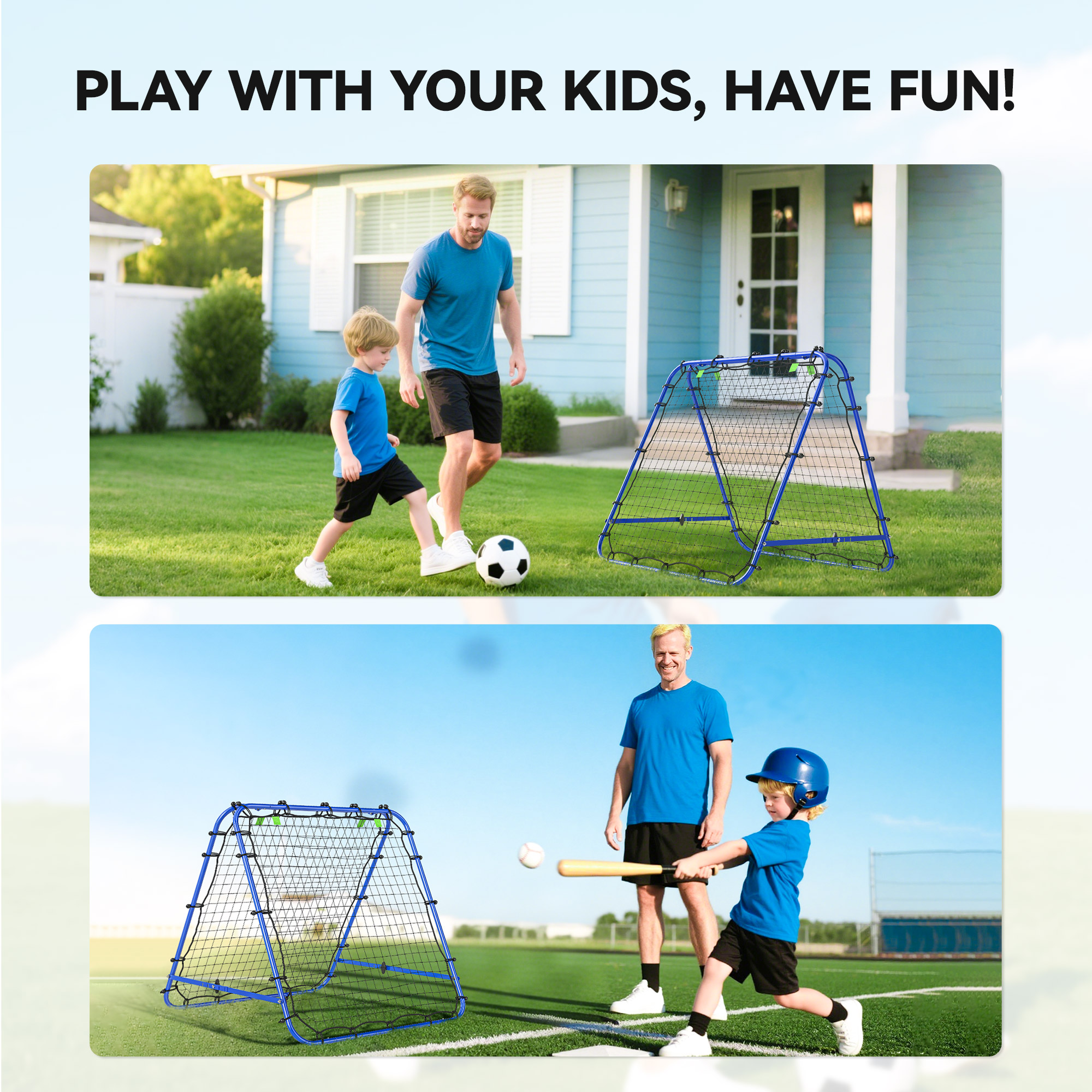 Double Sided Football Rebounder Net, Football Rebound Goal With Five Adjustable Angles, Blue_voghion.com