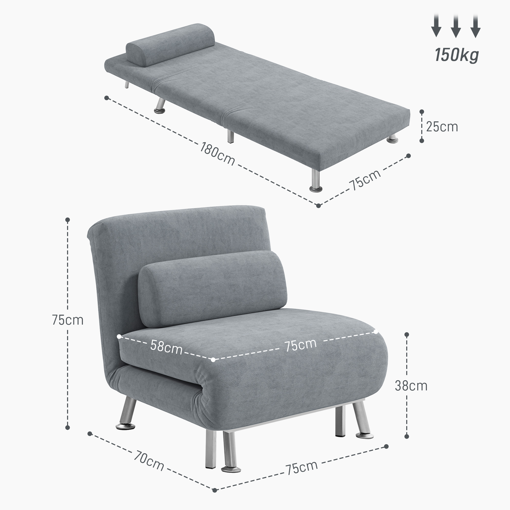 Single Velvet-Feel Sleeper Chair - Grey_voghion.com