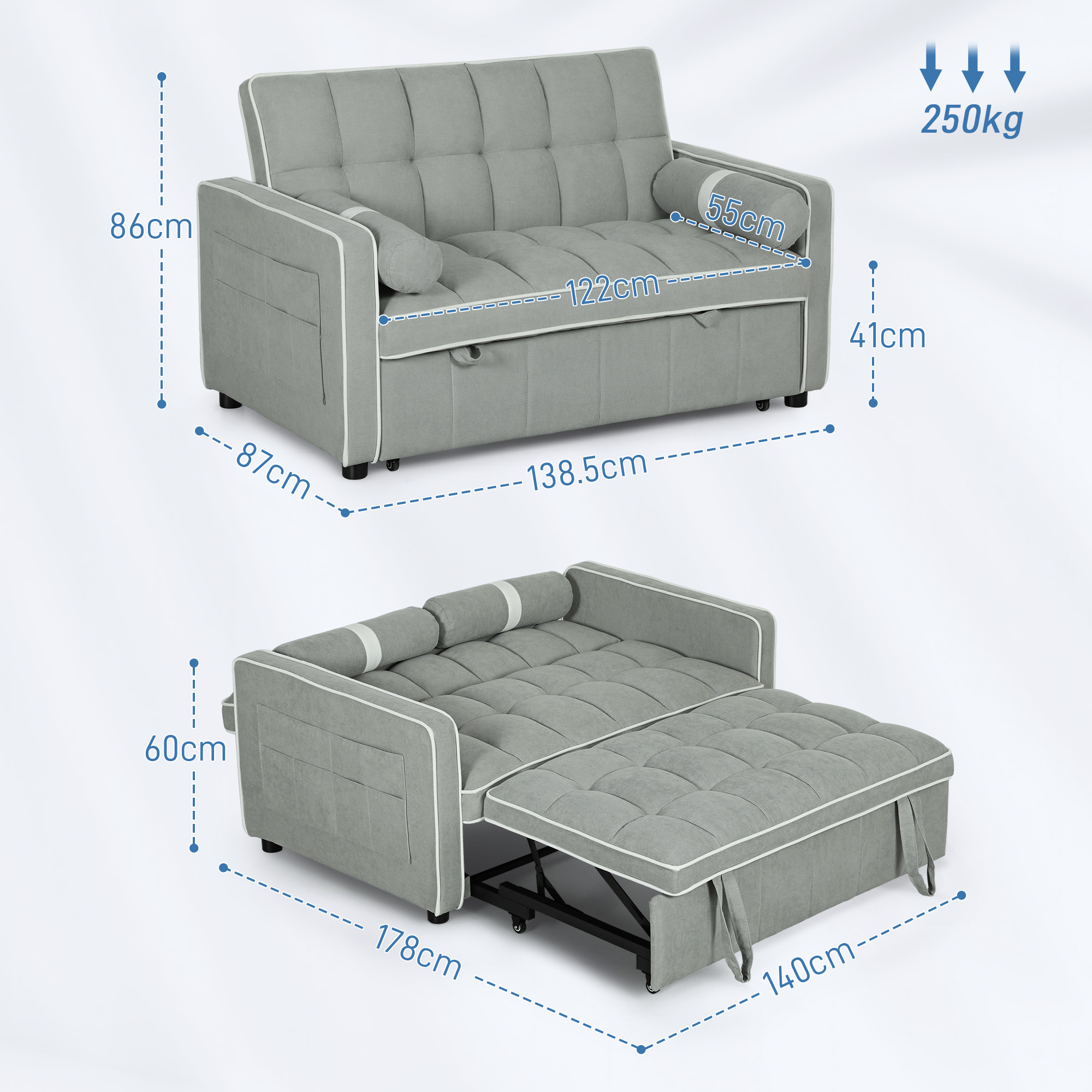 Two-Seater Linen-Look Sofa Bed - Light Grey_voghion.com
