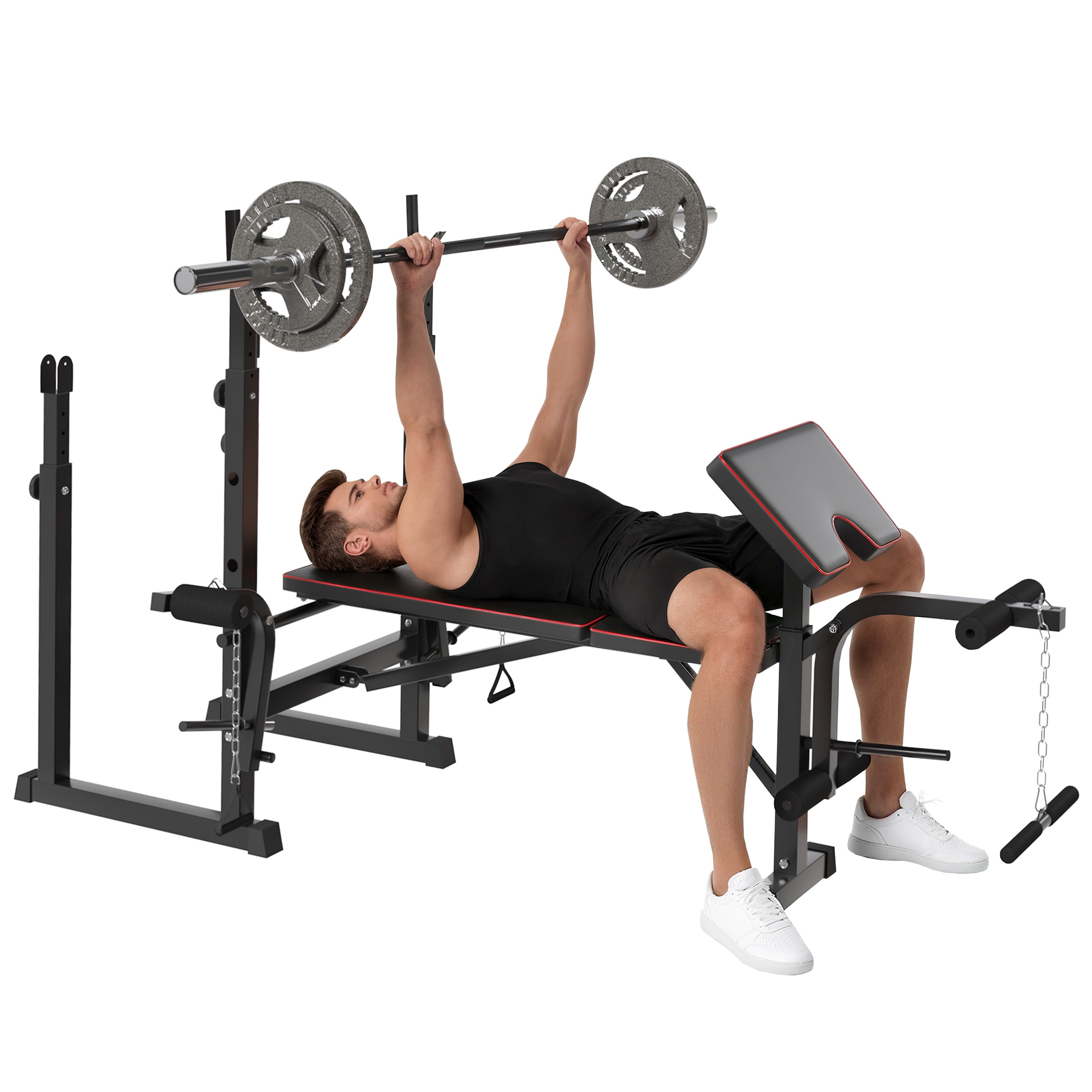 Weight Bench With Two Barbell Racks, Leg Curl Machine, Preacher Curl Bench, Black_voghion.com