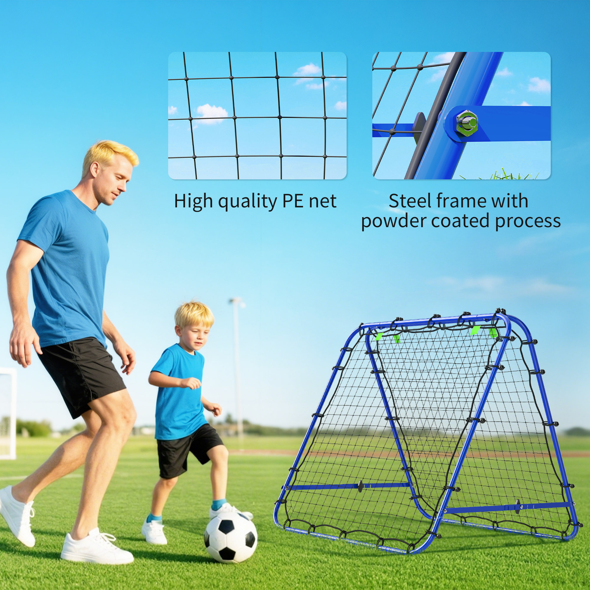 Double Sided Football Rebounder Net, Football Rebound Goal With Five Adjustable Angles, Blue_voghion.com