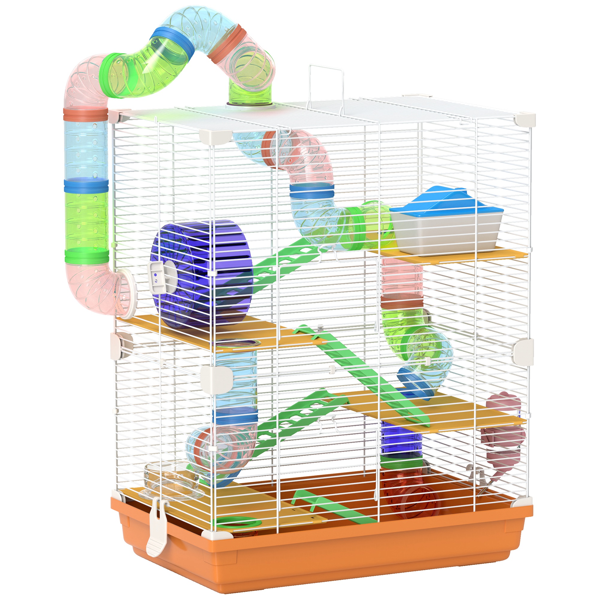 5 Tiers Hamster Cage Portable Animal Travel Carrier w/ Exercise Wheels Tube, Orange