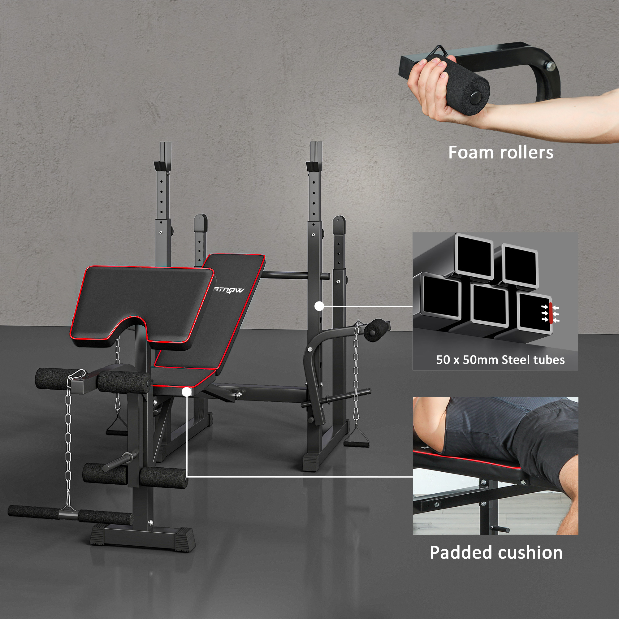 Weight Bench With Two Barbell Racks, Leg Curl Machine, Preacher Curl Bench, Black_voghion.com