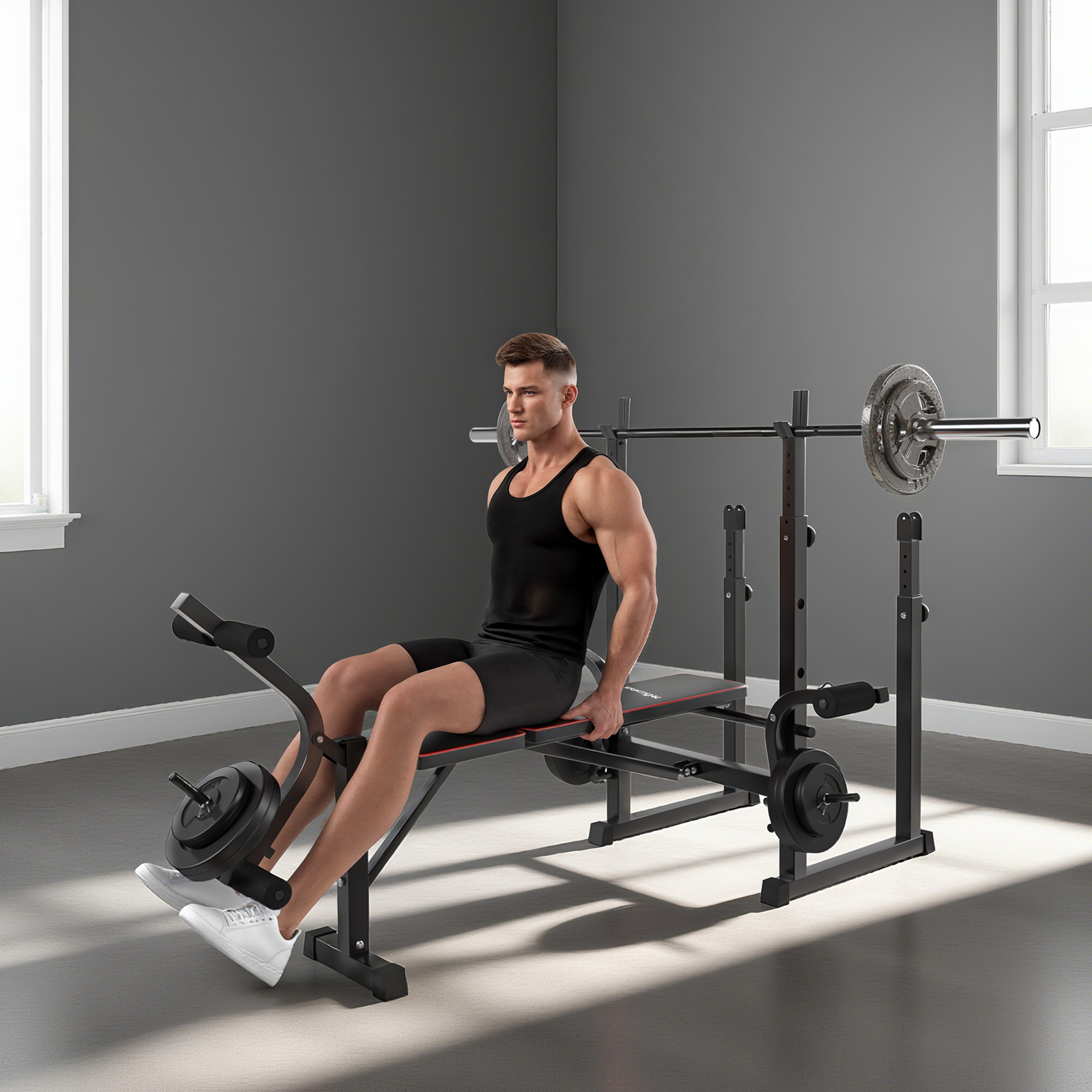 Weight Bench With Two Barbell Racks, Leg Curl Machine, Preacher Curl Bench, Black_voghion.com