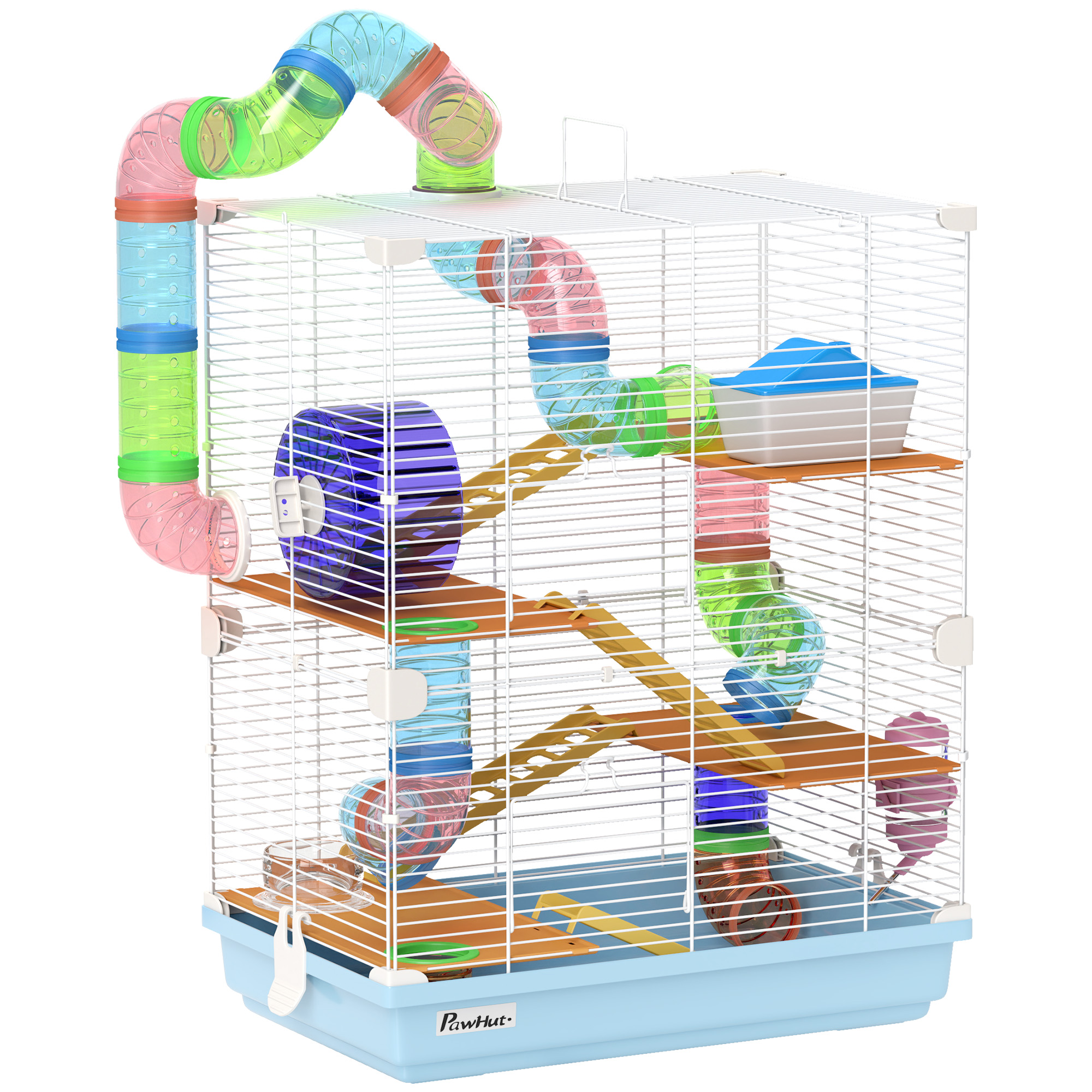 5 Tiers Hamster Cage Portable Animal Travel Carrier w/ Exercise Wheels Tube, Light Blue