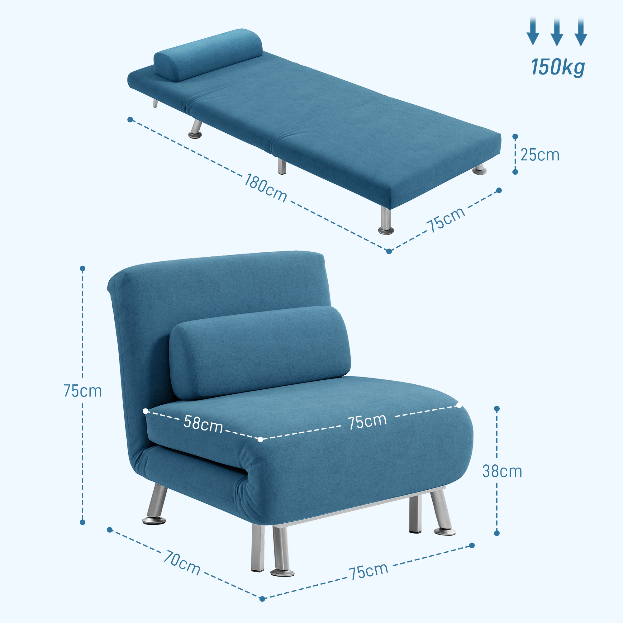 Single Velvet-Feel Sleeper Chair - Blue_voghion.com