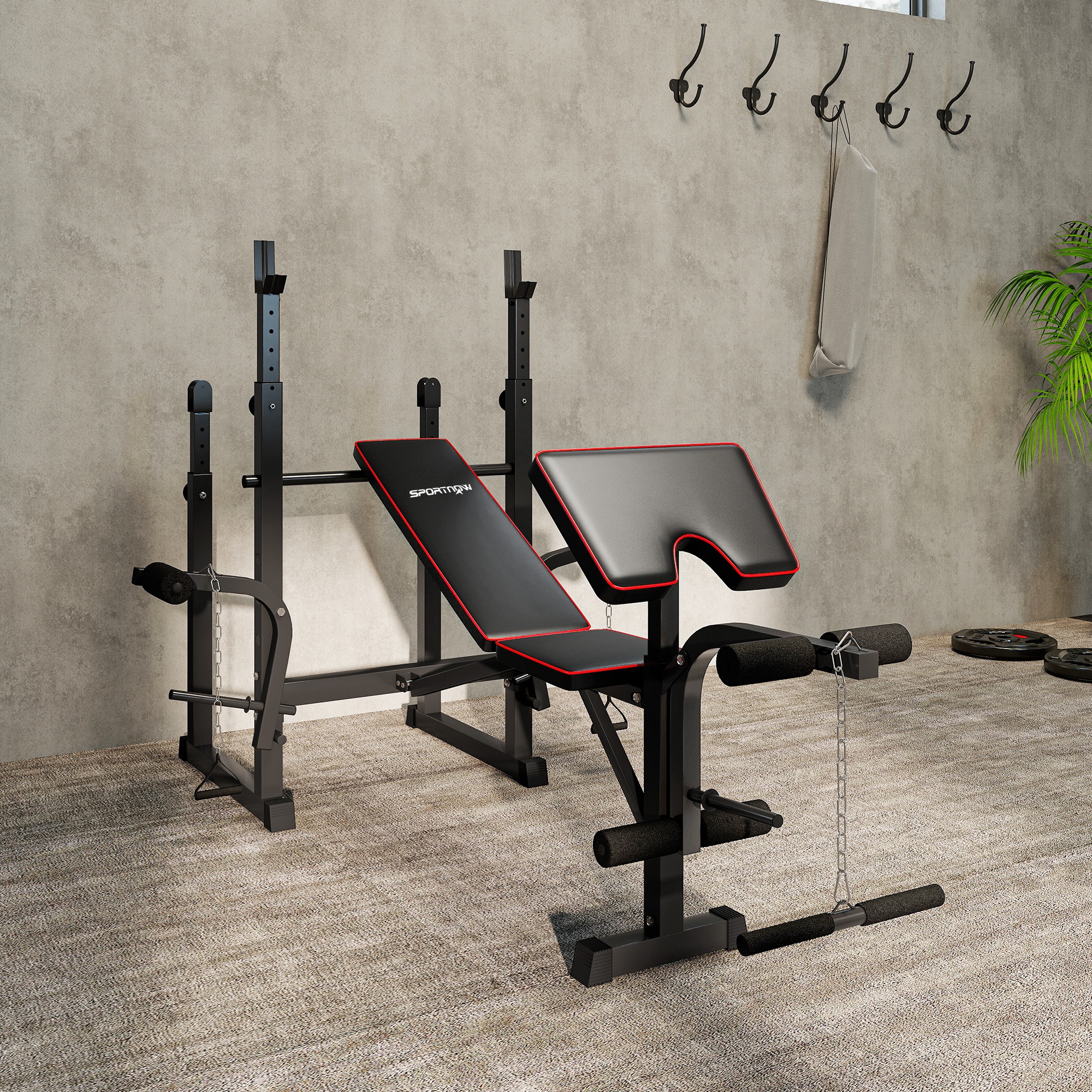 Weight Bench With Two Barbell Racks, Leg Curl Machine, Preacher Curl Bench, Black_voghion.com
