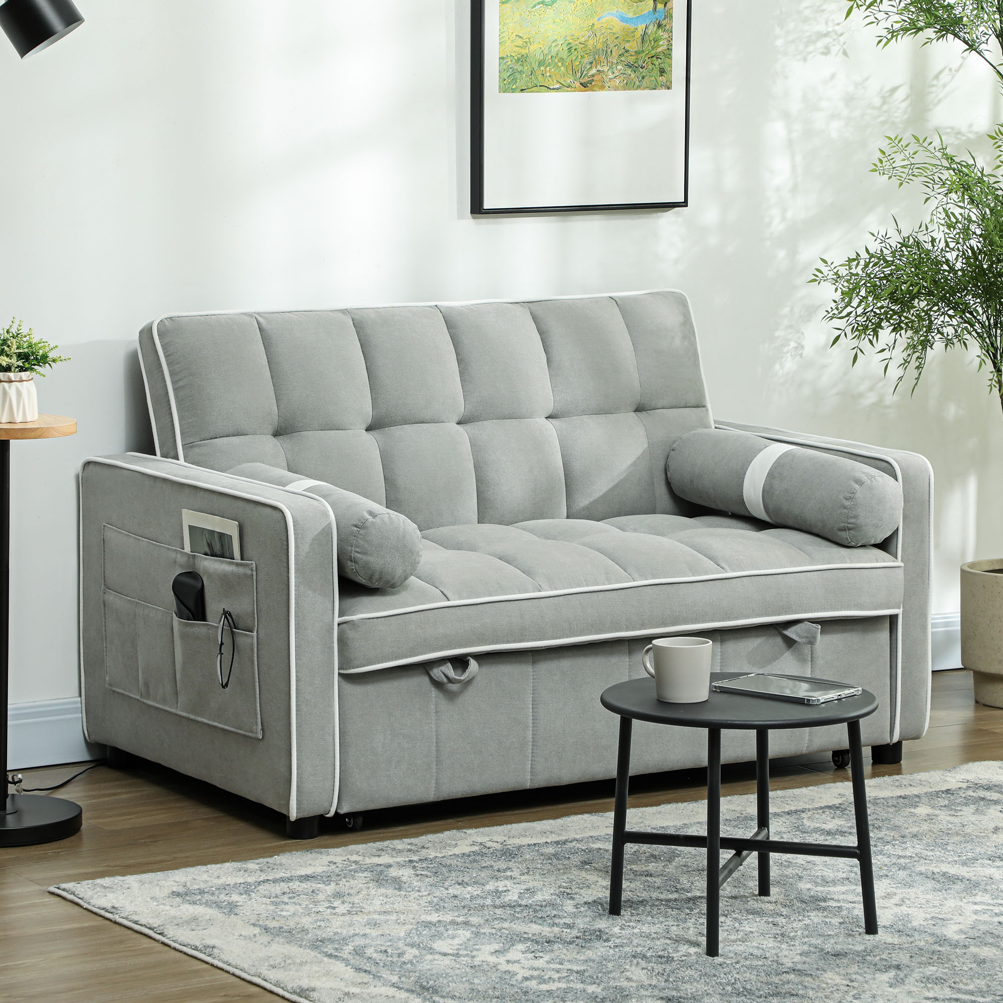 Two-Seater Linen-Look Sofa Bed - Light Grey_voghion.com