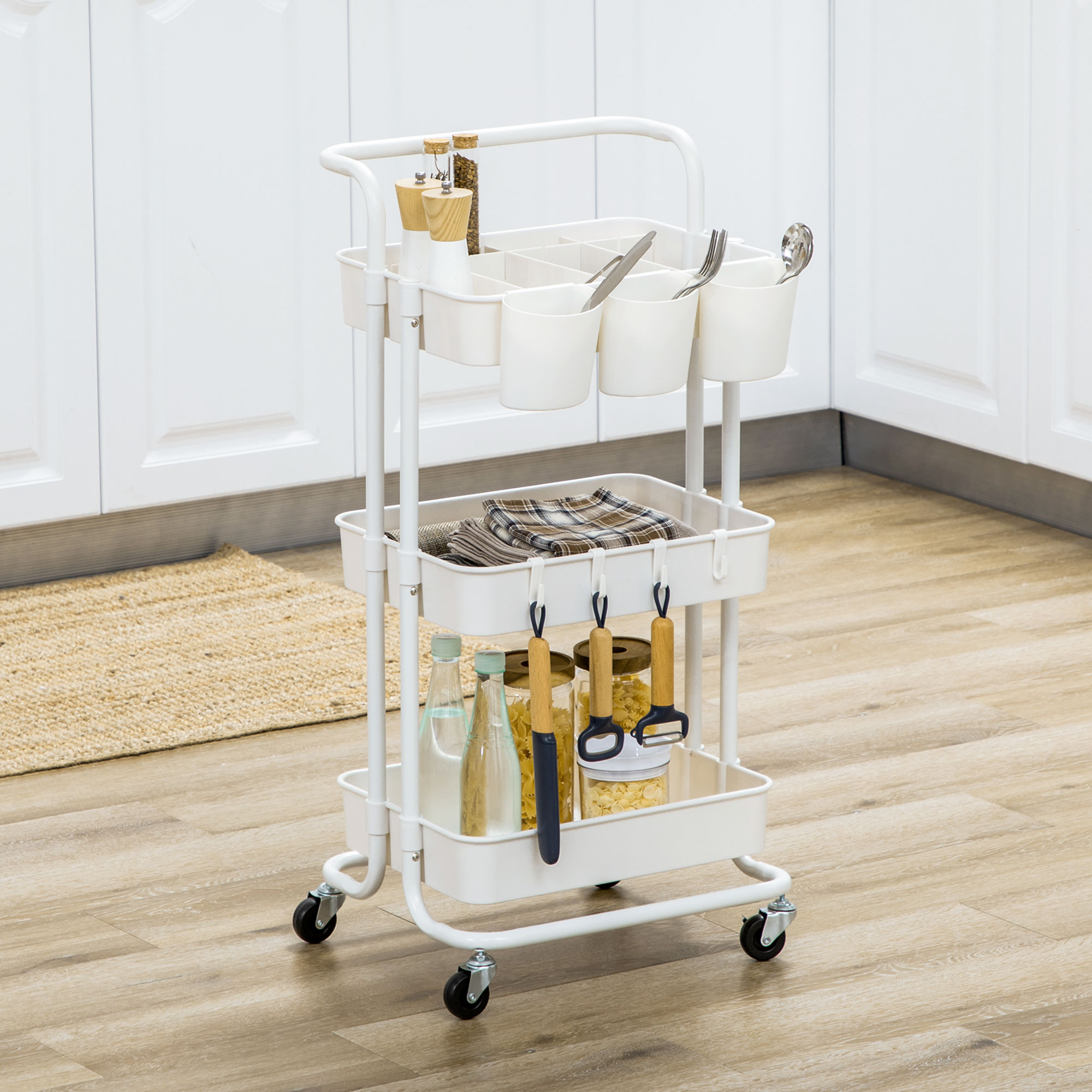 Rolling Storage Trolley With Hooks And Hanging Bins White_voghion.com