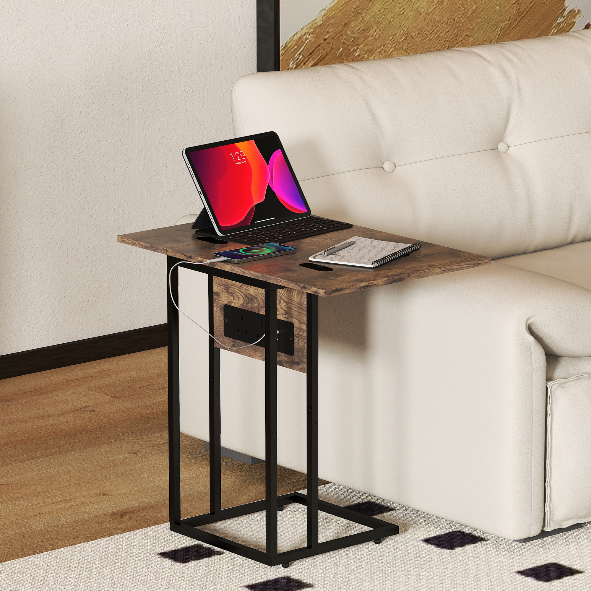 C Shaped Side Table With Charging Station And Foldable Top - Rustic Brown_voghion.com