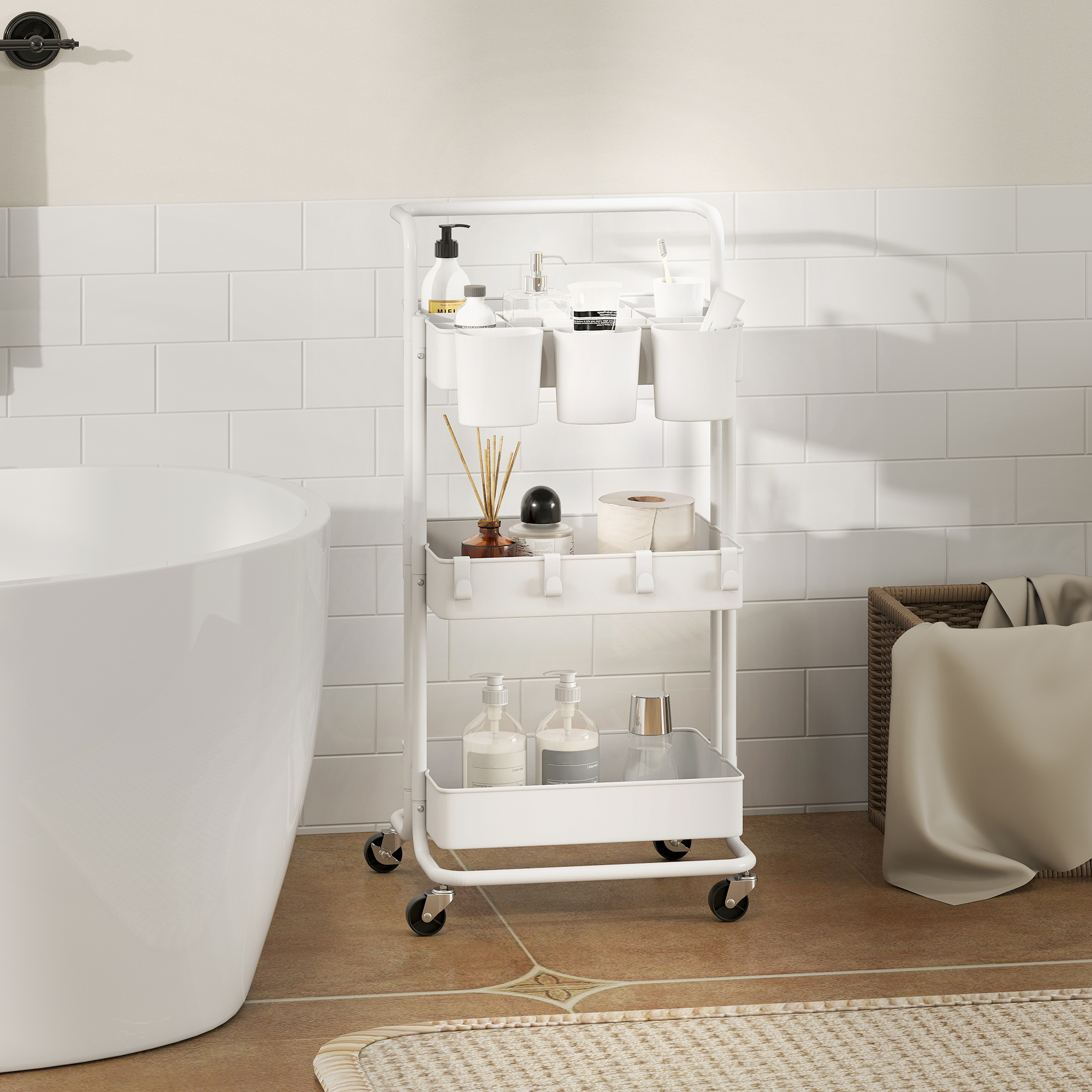 Rolling Storage Trolley With Hooks And Hanging Bins White_voghion.com