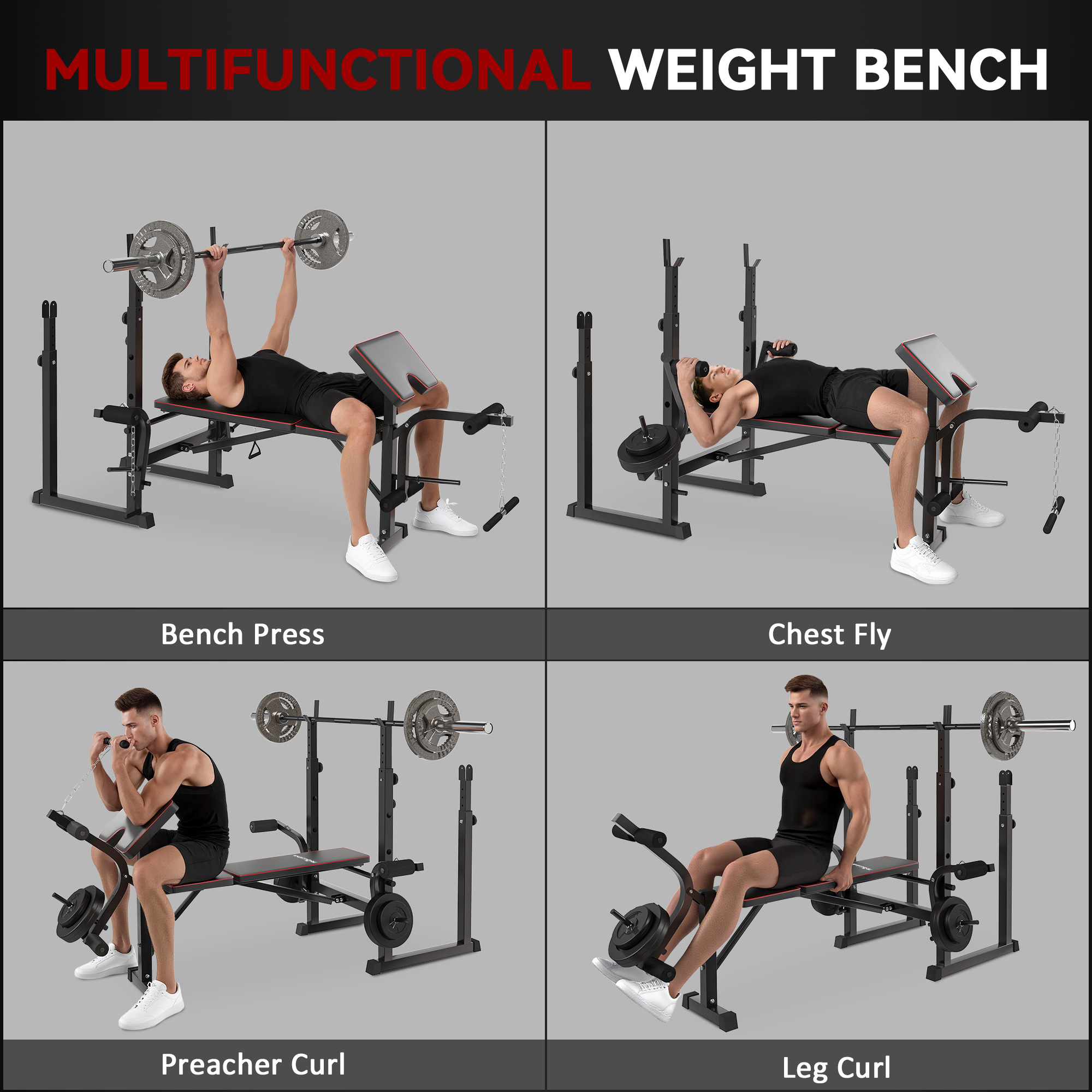 Weight Bench With Two Barbell Racks, Leg Curl Machine, Preacher Curl Bench, Black_voghion.com