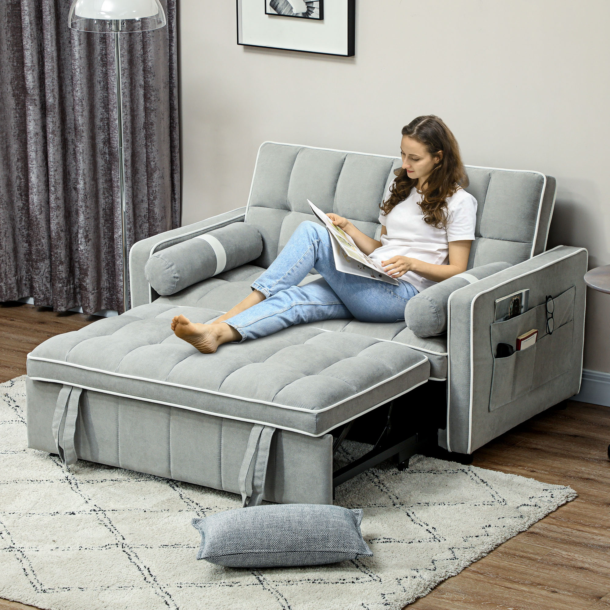 Two-Seater Linen-Look Sofa Bed - Light Grey_voghion.com