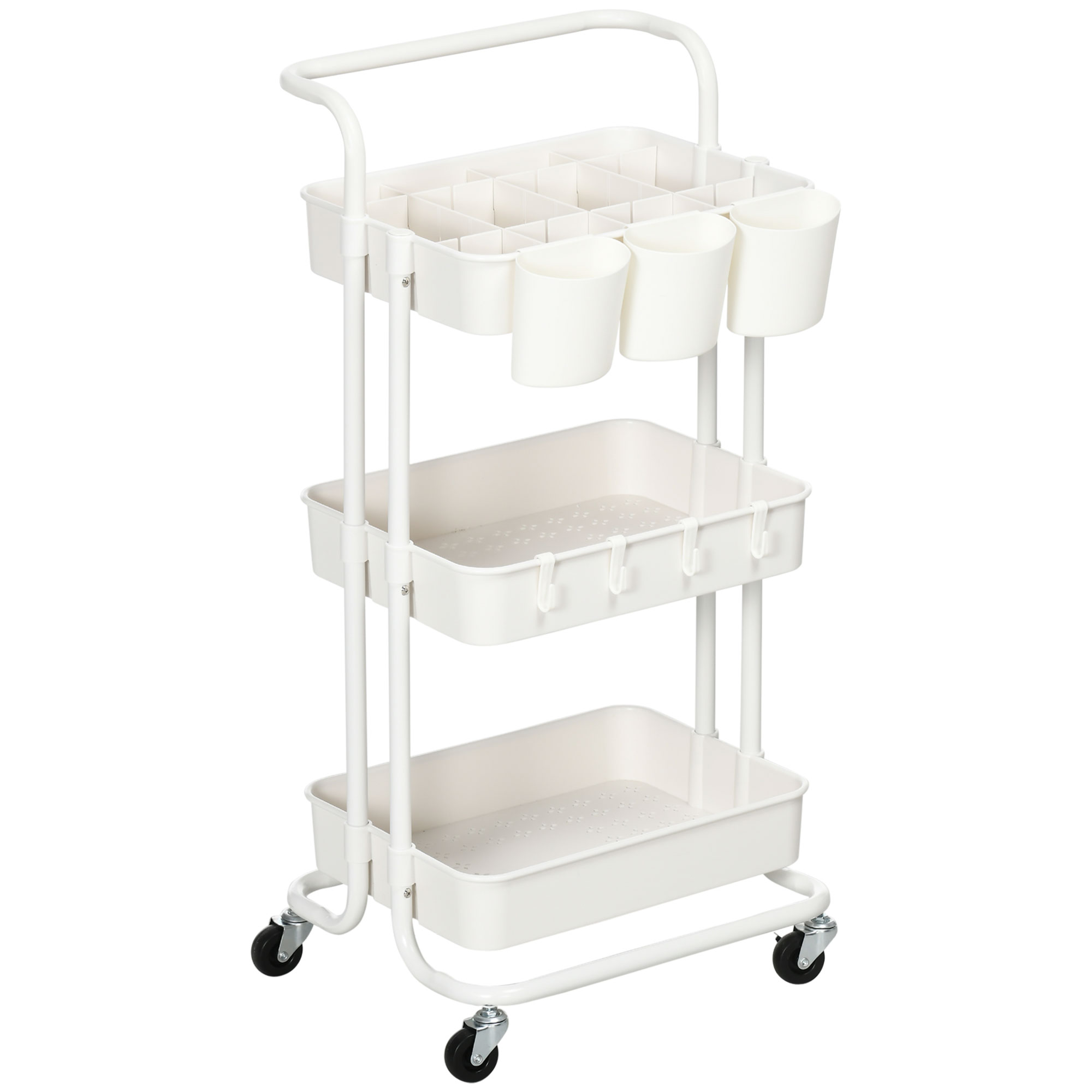 Rolling Storage Trolley With Hooks And Hanging Bins White_voghion.com