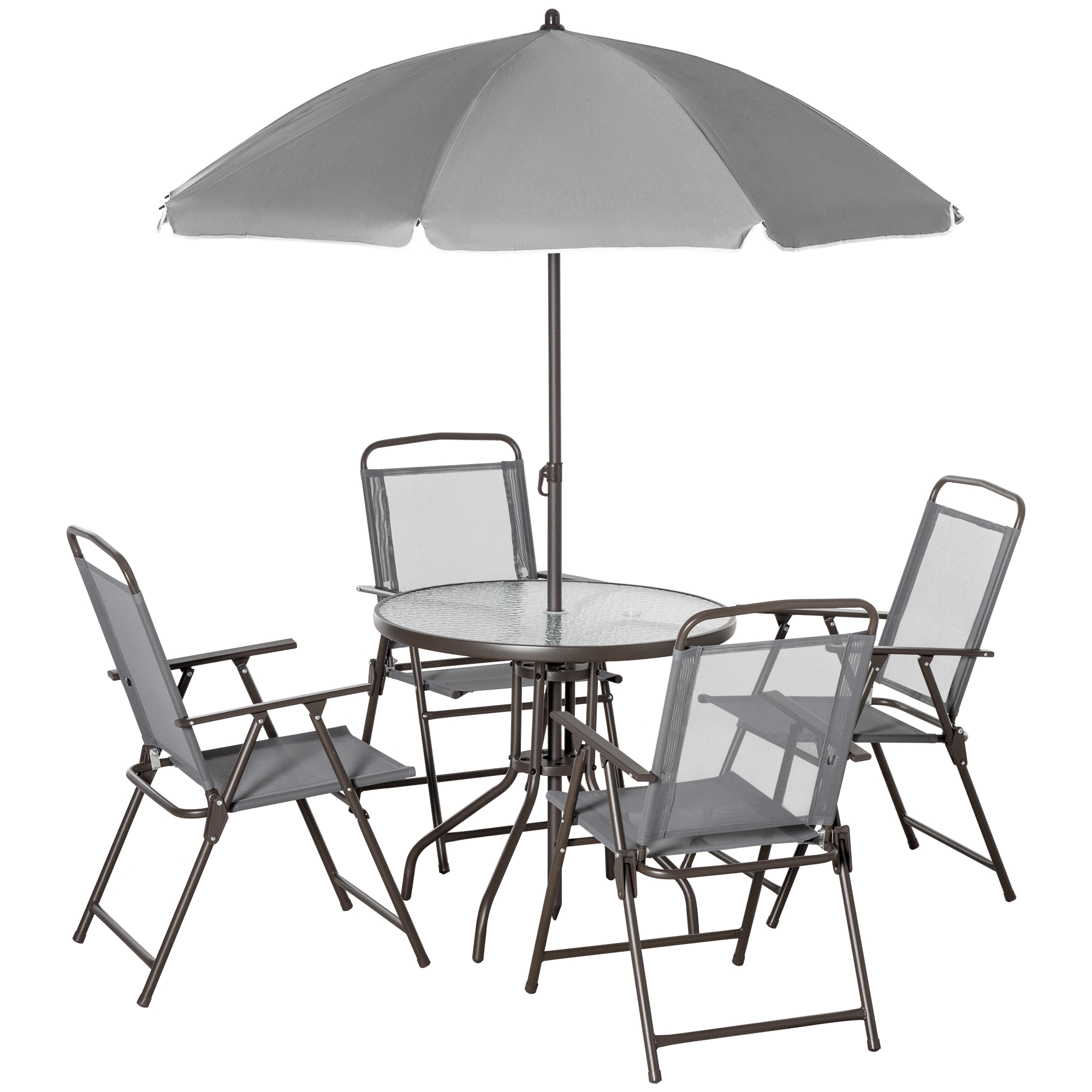6 Piece Patio Dining Set for 4 with Umbrella, with 4 Folding Dining Chairs & Round Glass Table for Garden, Gray