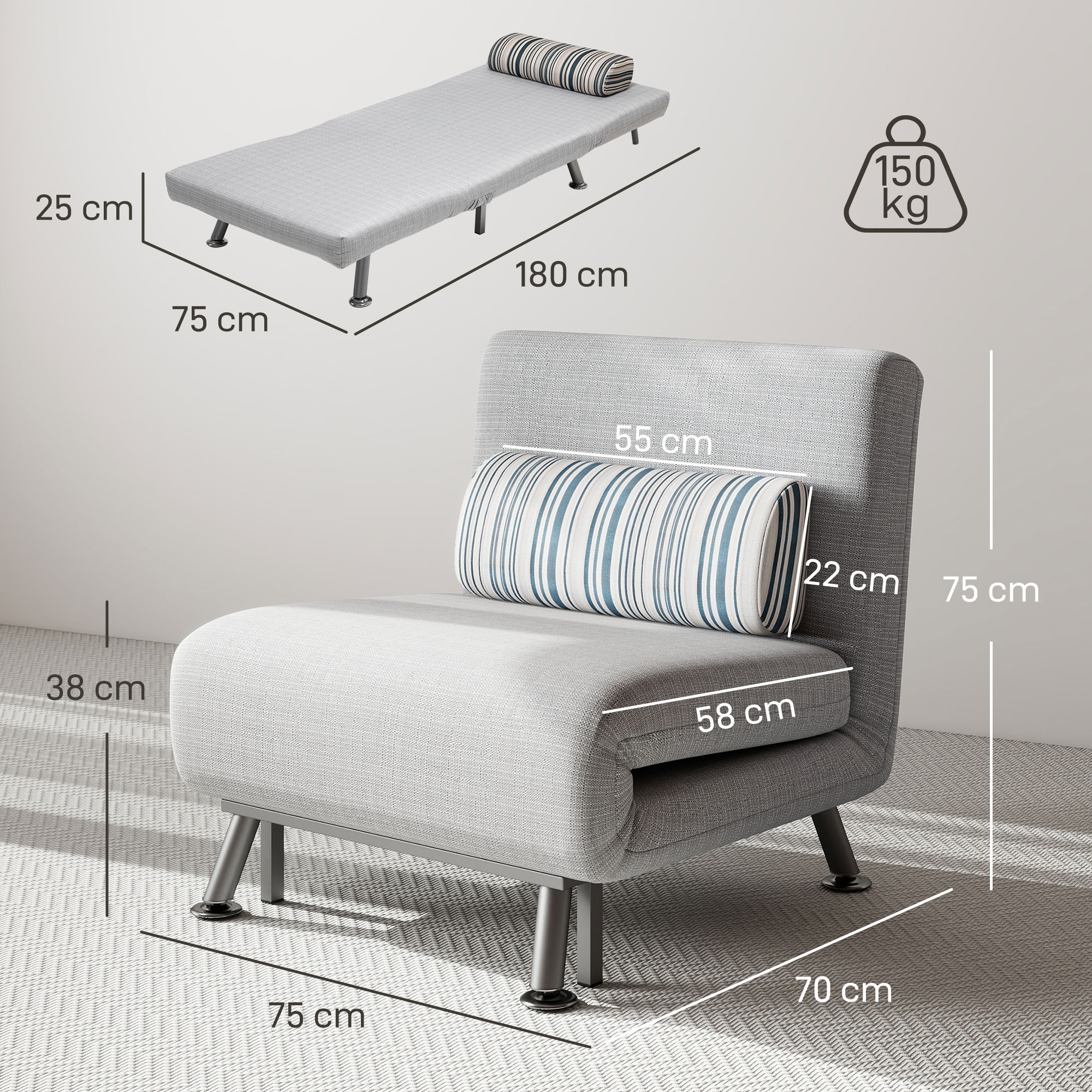 Single Sofa Bed, 1 Person Sleeper Foldable Lounge With Pillow, Grey_voghion.com