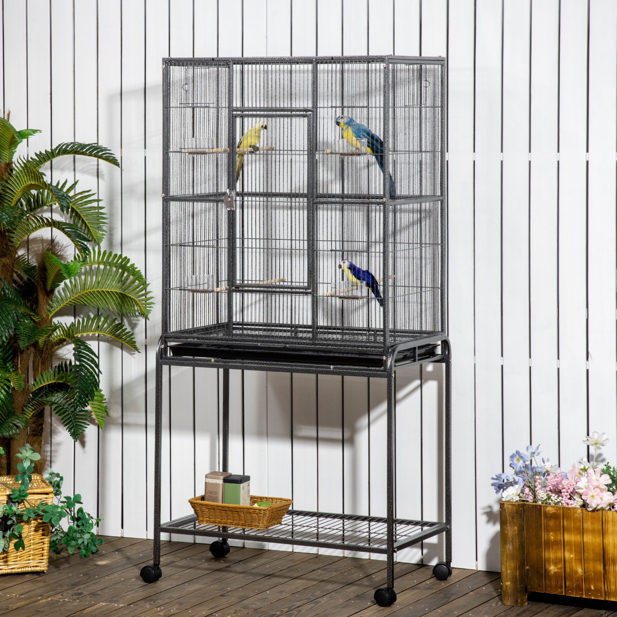 Bird Cage With Wheels Metal Aviary With Perches And Feeders Grey_voghion.com