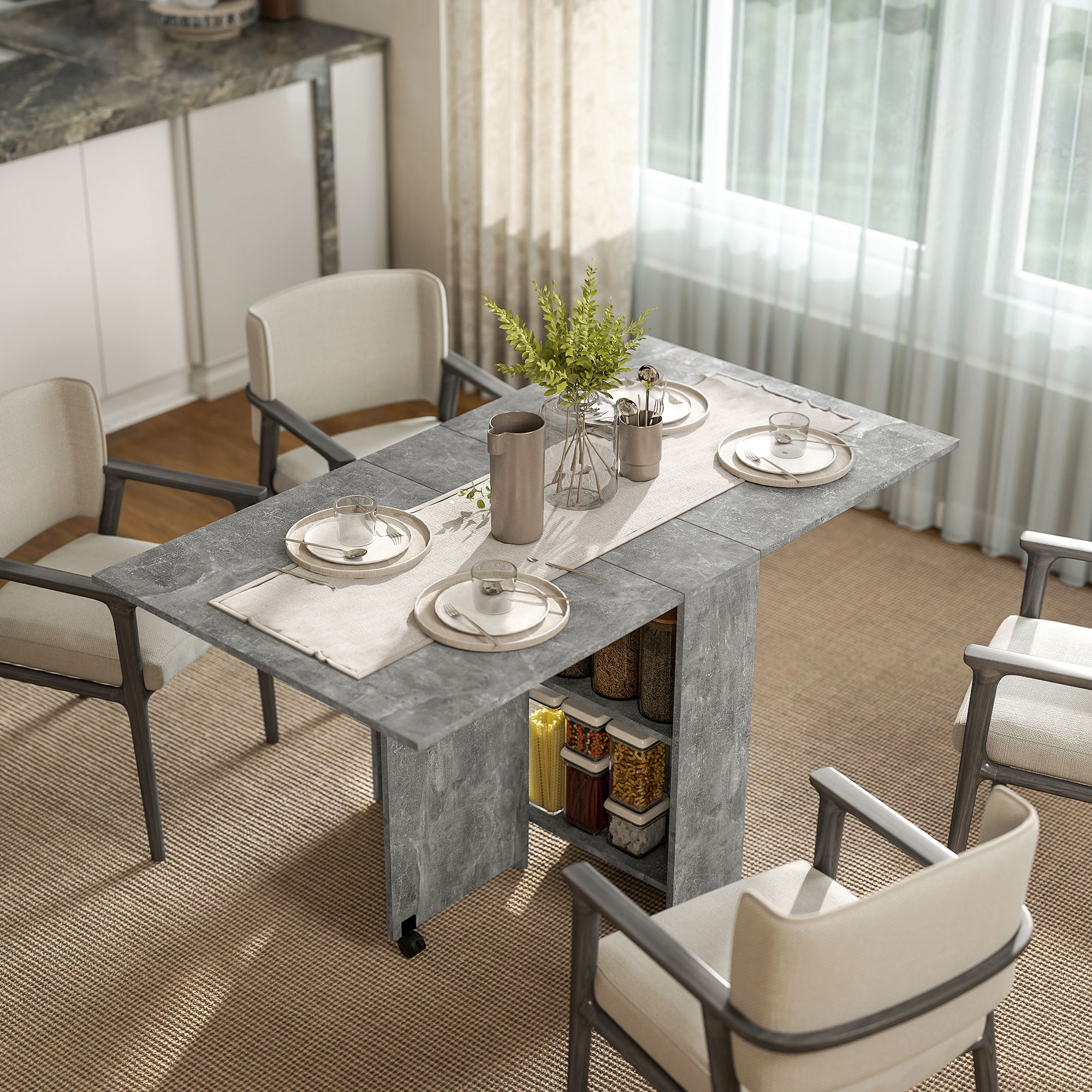 Table dépliée vue de côté avec étagères