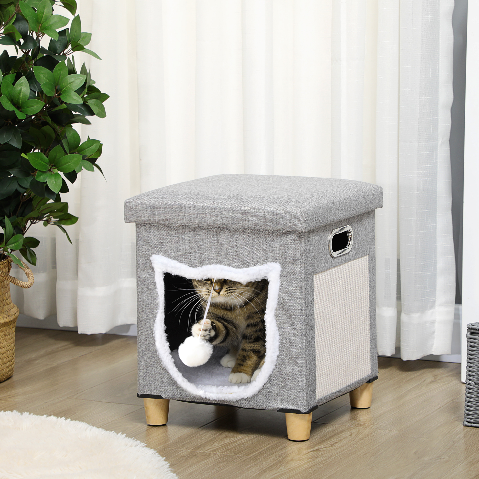 Cat Bed With Scratching Pad And Hanging Toy Removable Cushion_voghion.com
